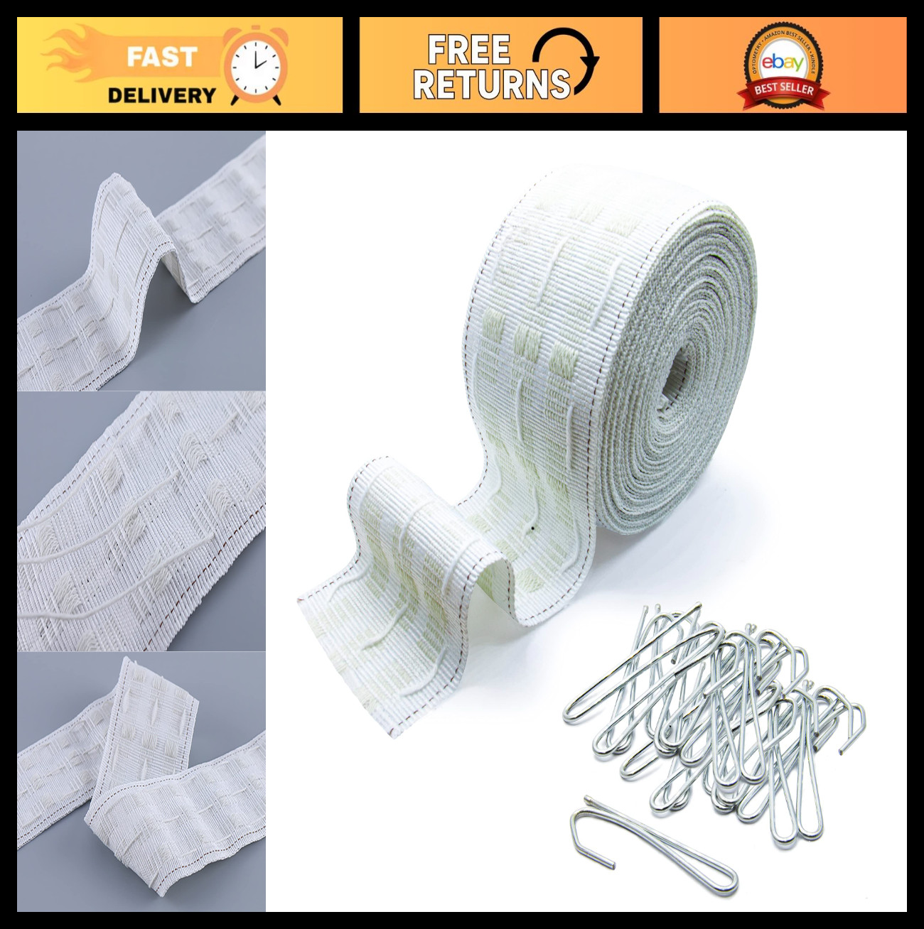 Curtain Pleating Tape 20 Yards White, 100 Stainless Steel Hooks for Home Decor