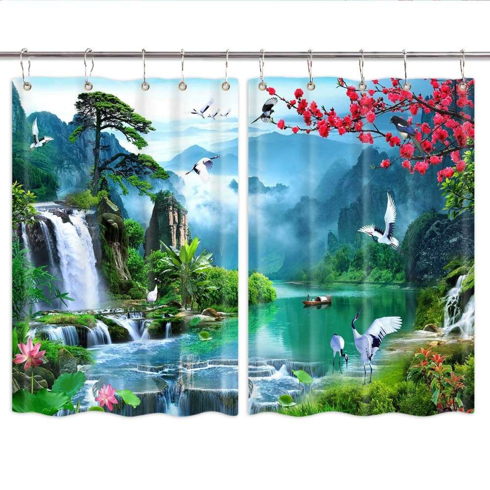 Waterfall Landscape 3D Kitchen Curtains Window Drapes 2 Panel Set with Hooks