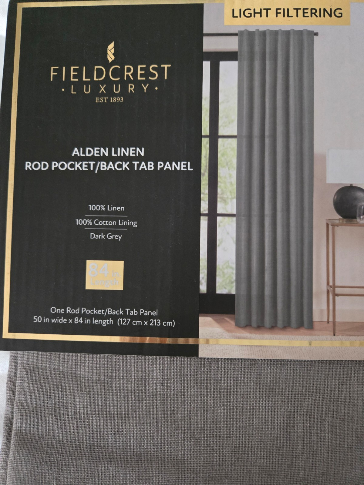 Fieldcrest Luxury Alden 100% Linen Panel Pair 50″ x 84″ Dark Gray Back Tab NIB