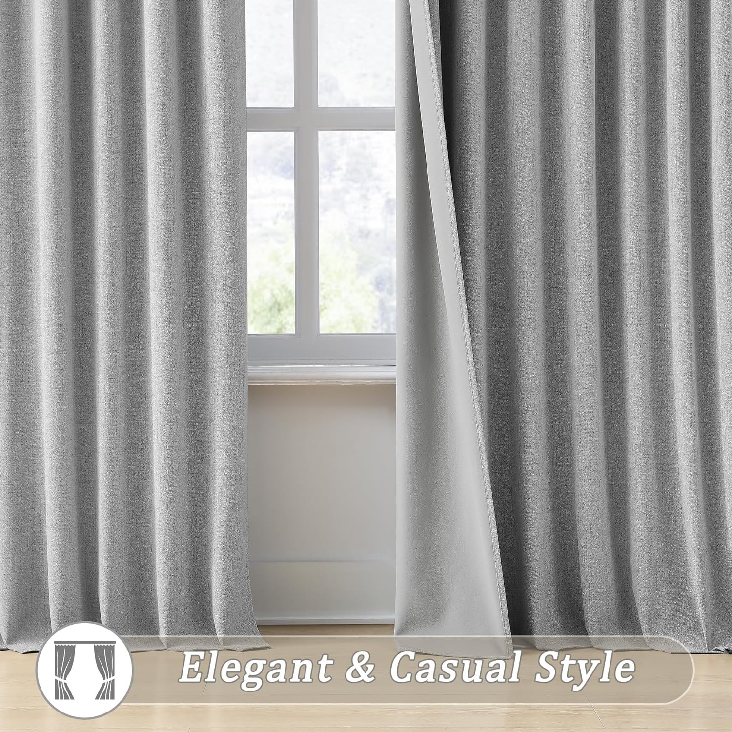 144″ Long Blackout Curtains – Grey Back Tab Drapes, Noise Reducing 2 Panels