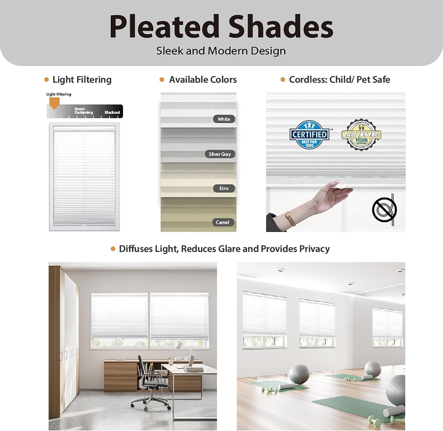 Cordless Light Filtering Pleated Shade, 57.5″W x 64″H, White Fabric