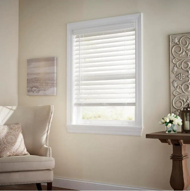 White Cordless Premium Faux Wood blinds with 2.5 in. Slats – 21.5 in. W x 48 in.
