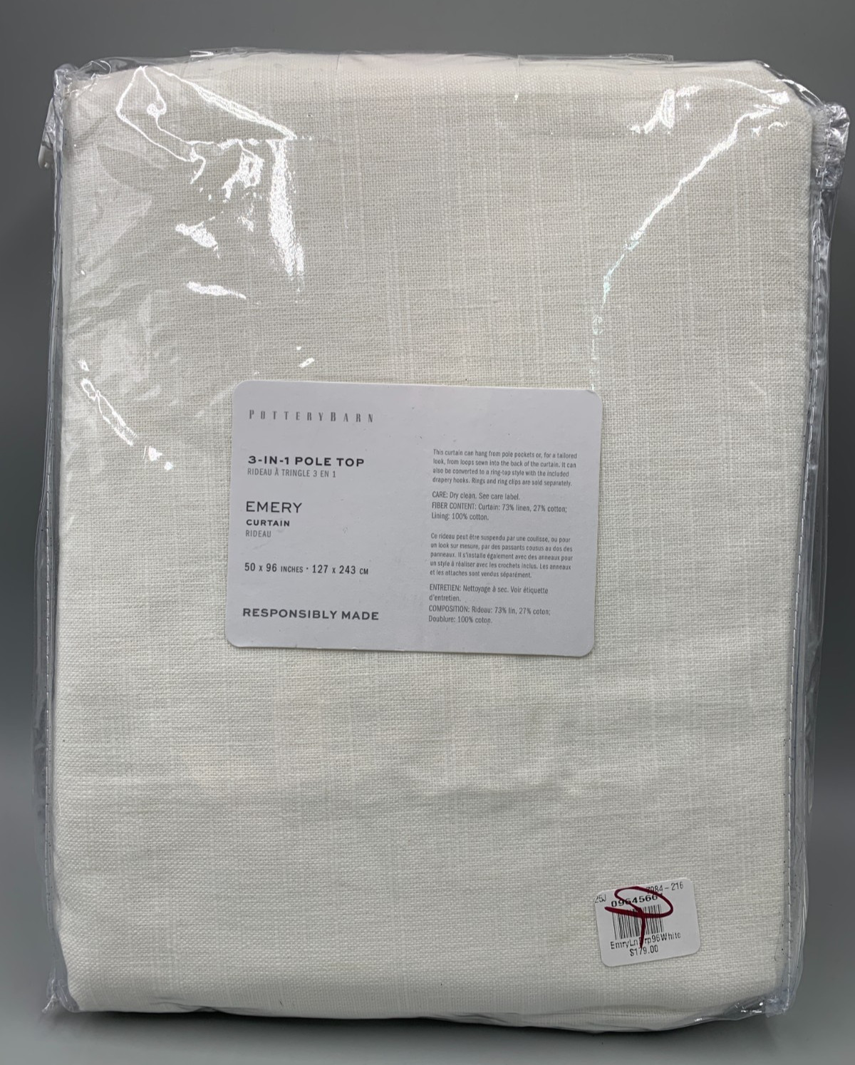 Pottery Barn Emery Linen Cotton Lined Curtain White 50″ x 96″ #F45A