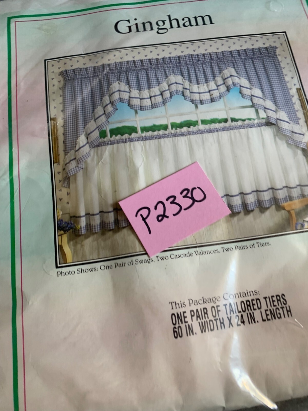 Green Gingham Tailored Tiers Curtain Set 60″ w x 24″ L New