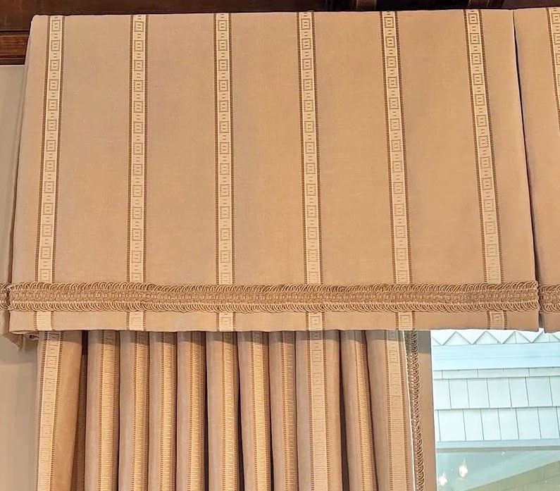 High End Designer Custom Pinch Pleated Beige Silk Curtains w/ Fringe Trim ZZ776