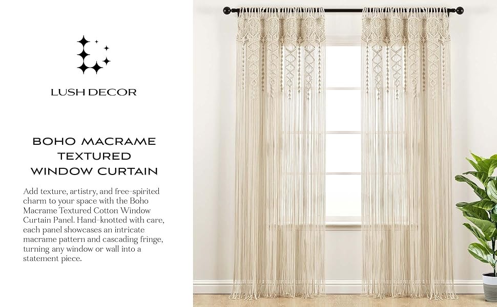 Boho Macrame Textured Cotton Window Curtain Panel Single 40″ W x 63″ L Neutral –