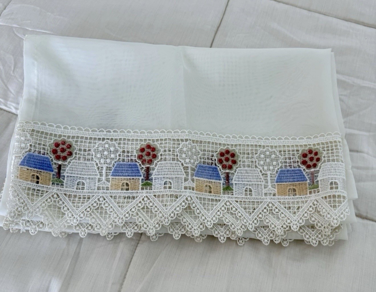 VTG 90s Grandmacore 3pc Embroidered House Tree Sheer Lace 1 Valance 2 Panels NEW