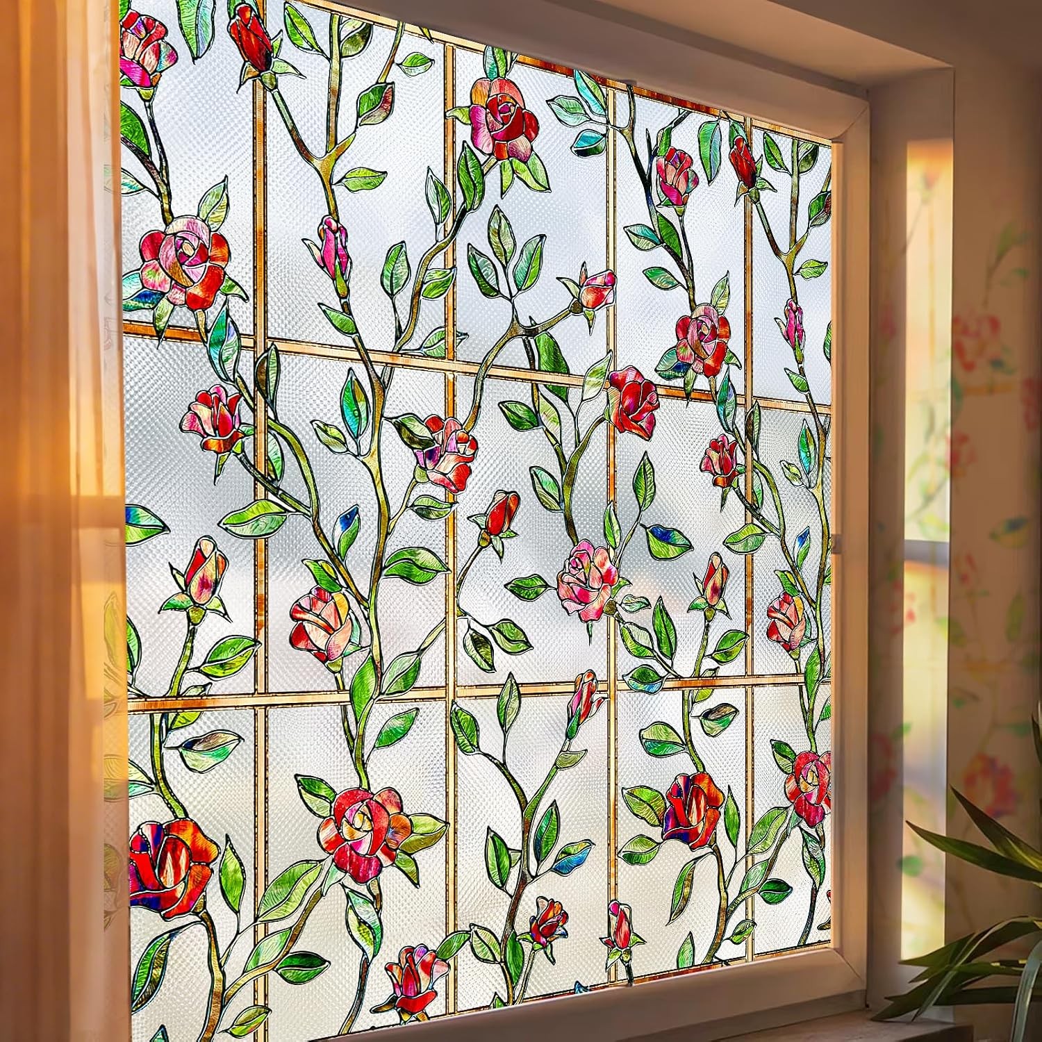 3D Rose Floral Decorative Window Covering, Light Diffusing Privacy Static Cling