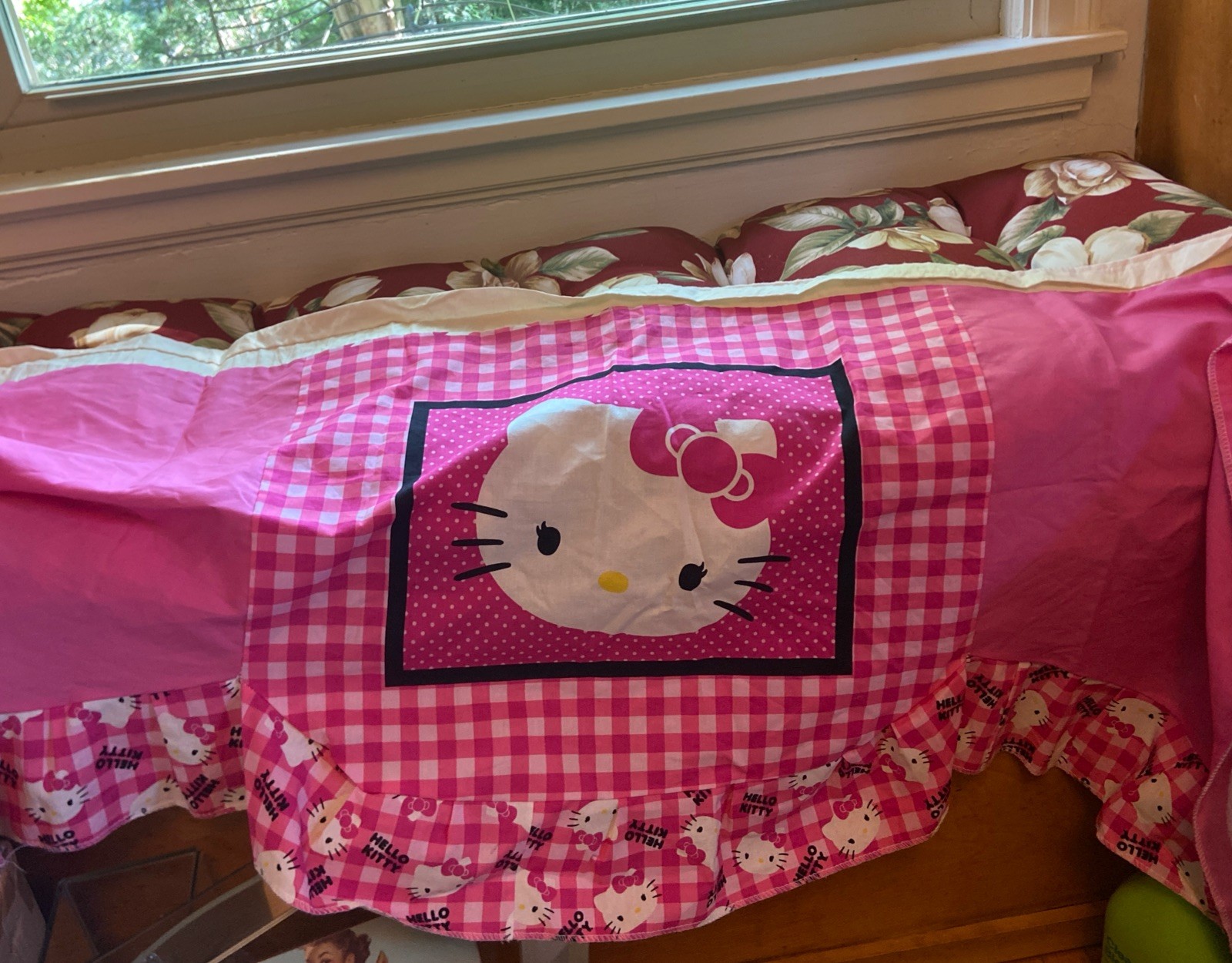 Hello Kitty Curtain Valence Pink Checkers Dots Cotton 54 in x 22 in
