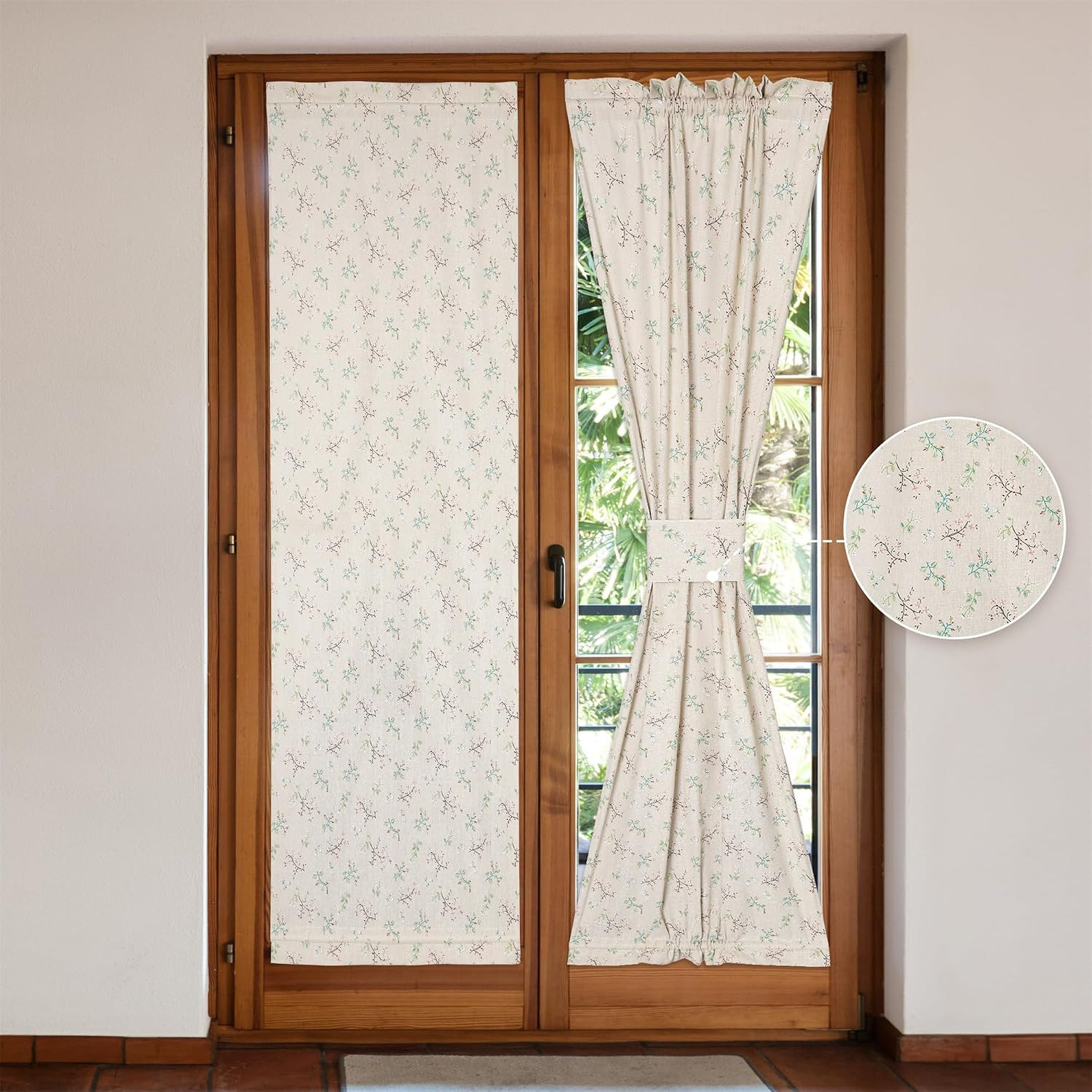 Linen French Door Curtains Set of 2, Elegant Country Style Little Grass and Flow