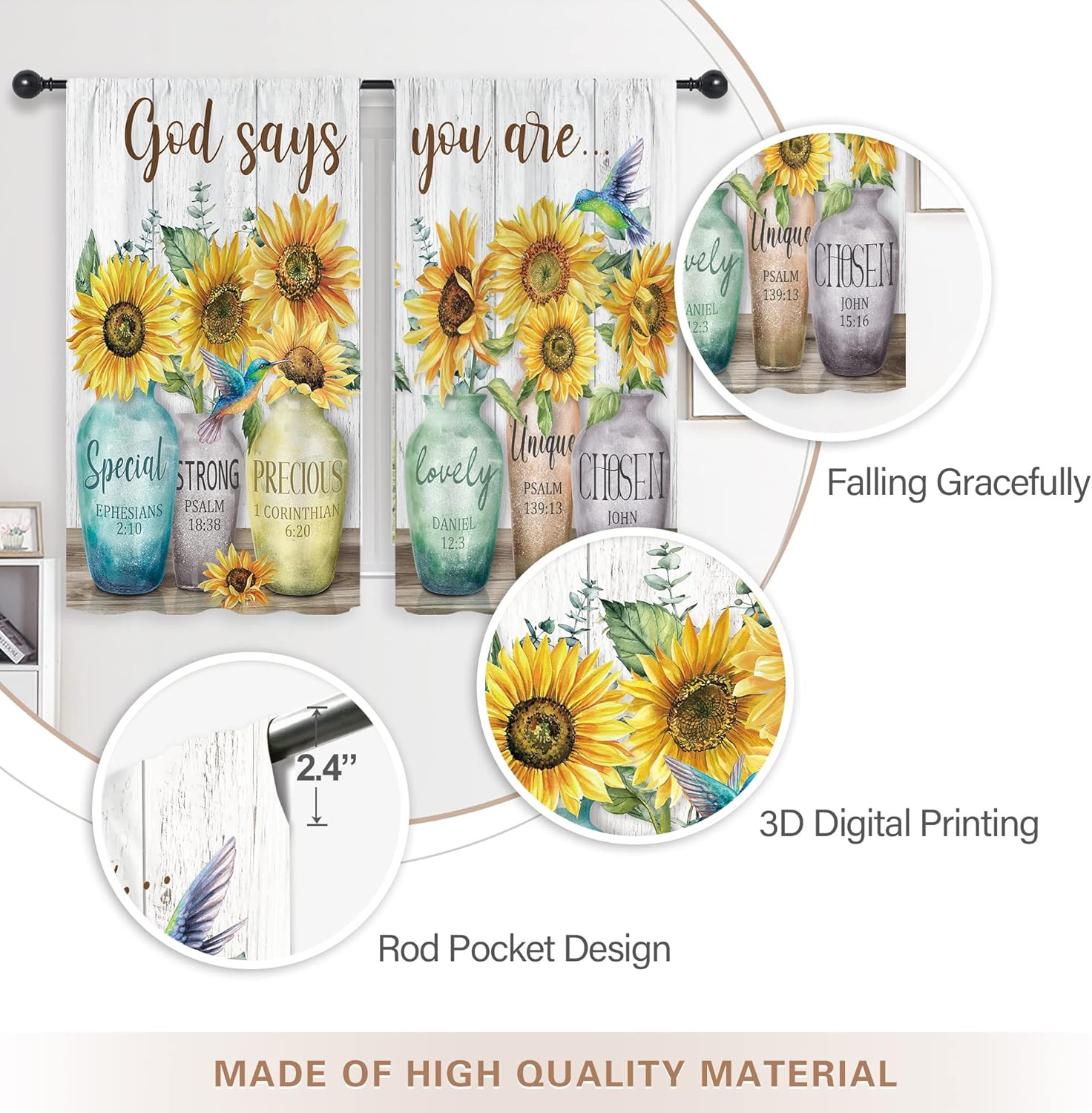 Sunflower Farmhouse Kitchen Curtains Rustic Floral Flower Blossom Vase Positive