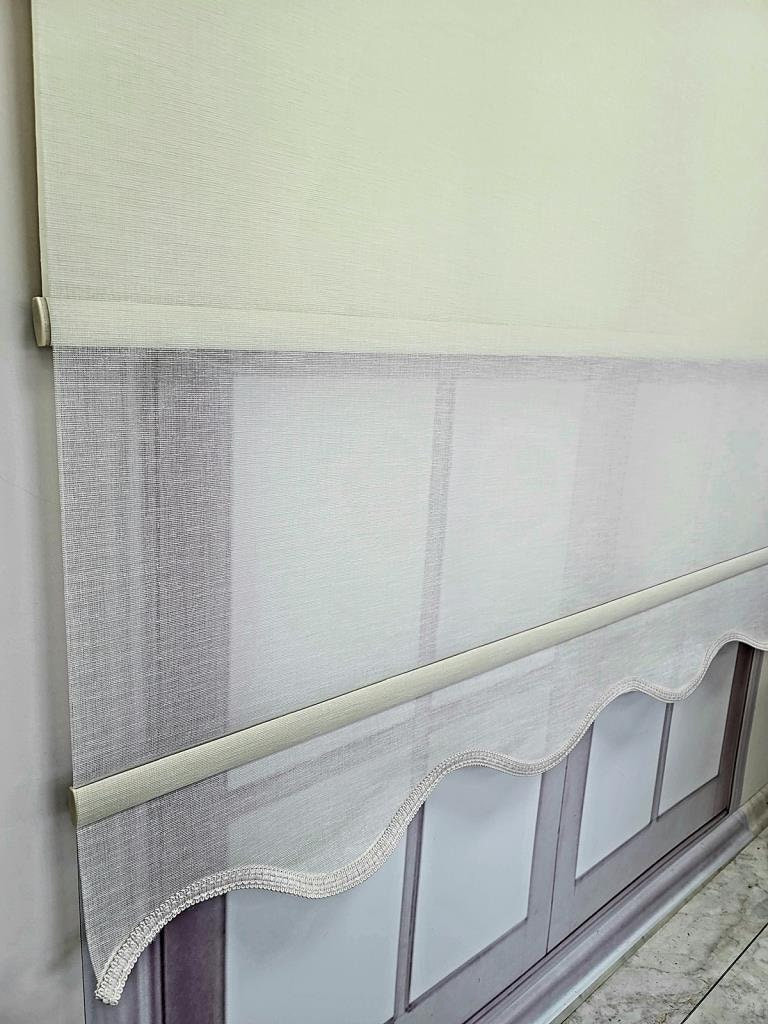 Original Linen Fabric Double Mechanism Tulle and Roller Blinds Curtain, Color