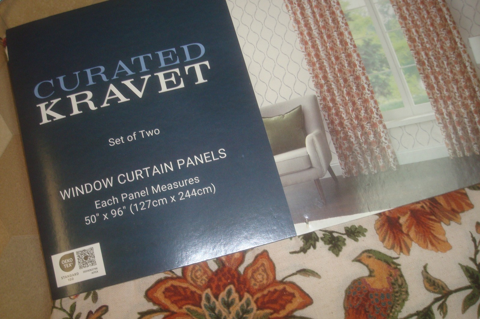NWT Curated Kravet 2 pc Window Curtains Jacobean Birds Cotton Linen 50″ x 96″ lg