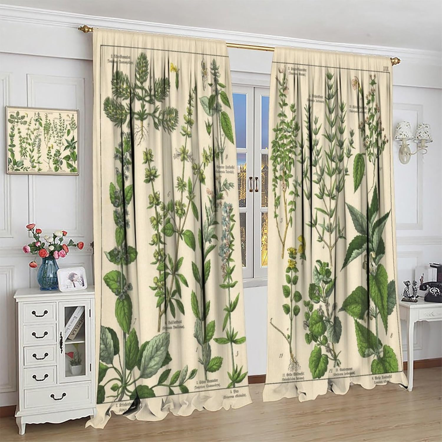 Vintage Botanical Curtains, Antique 1900S Plants Herbs Boho Retro Green Leaves W