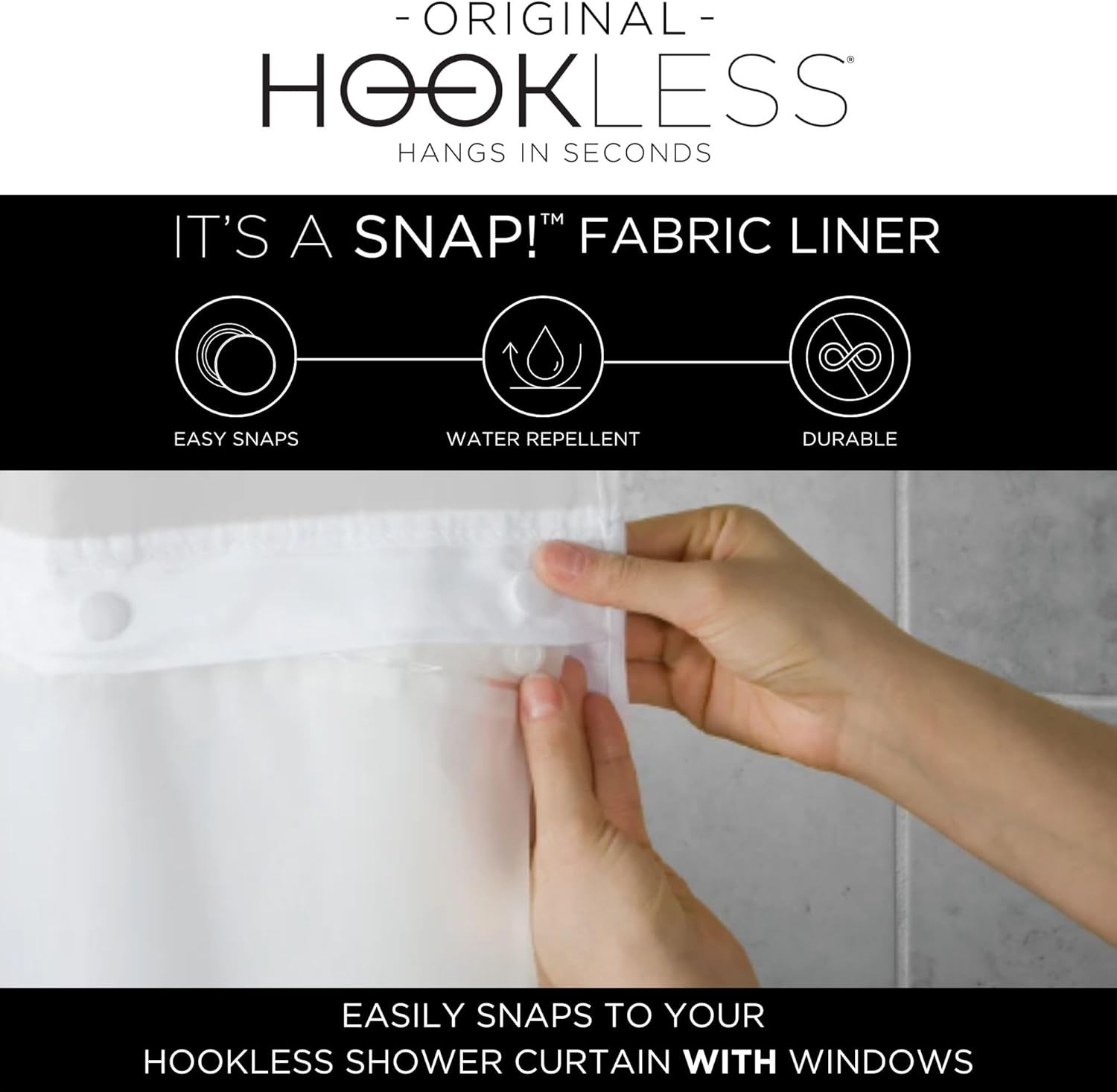 Hookless Snap-In Shower Curtain Liner White 70″x54″ Water Repellent Easy Install