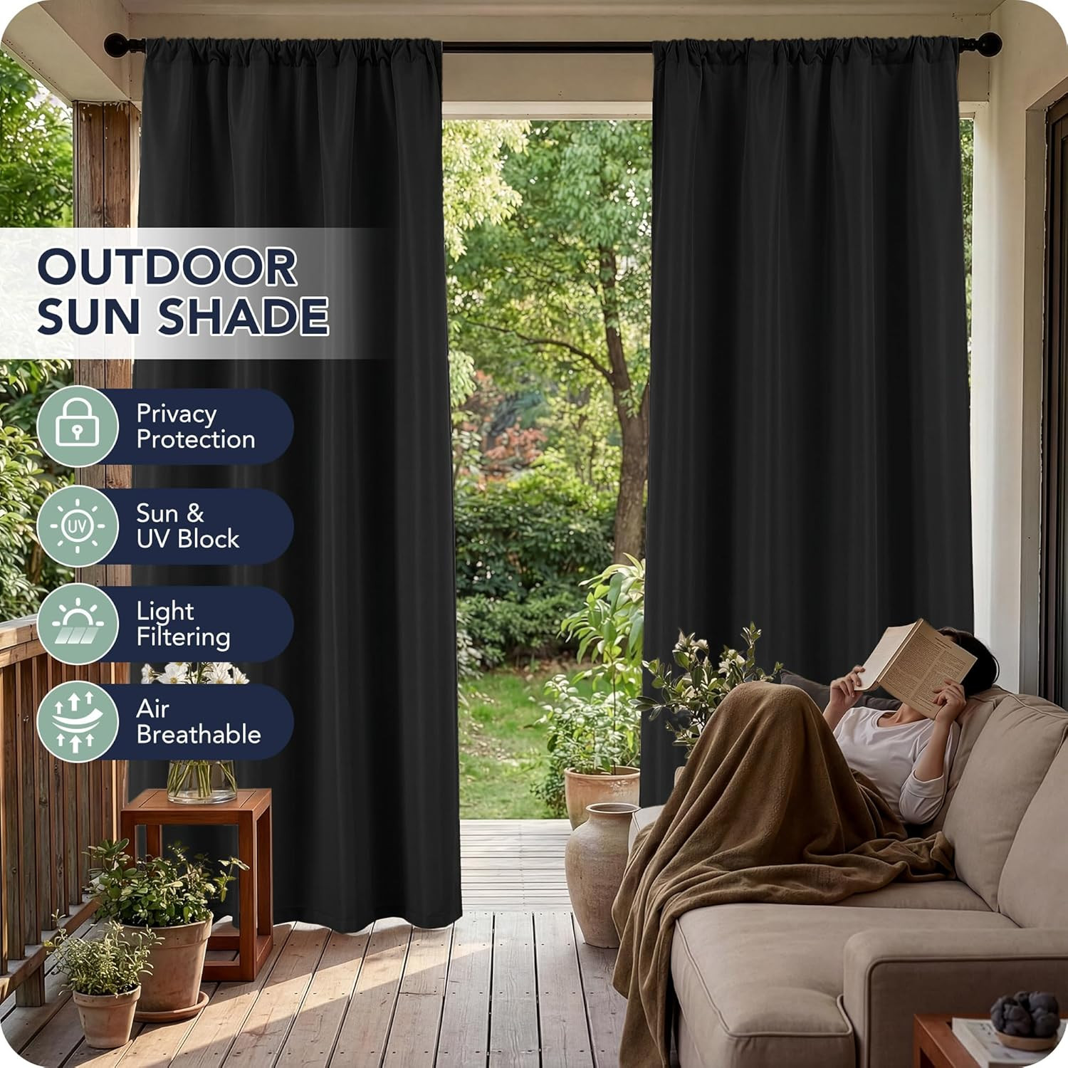 Black Outdoor Curtains for Patio Waterproof – 8 Panels Weatherproof Privacy outs