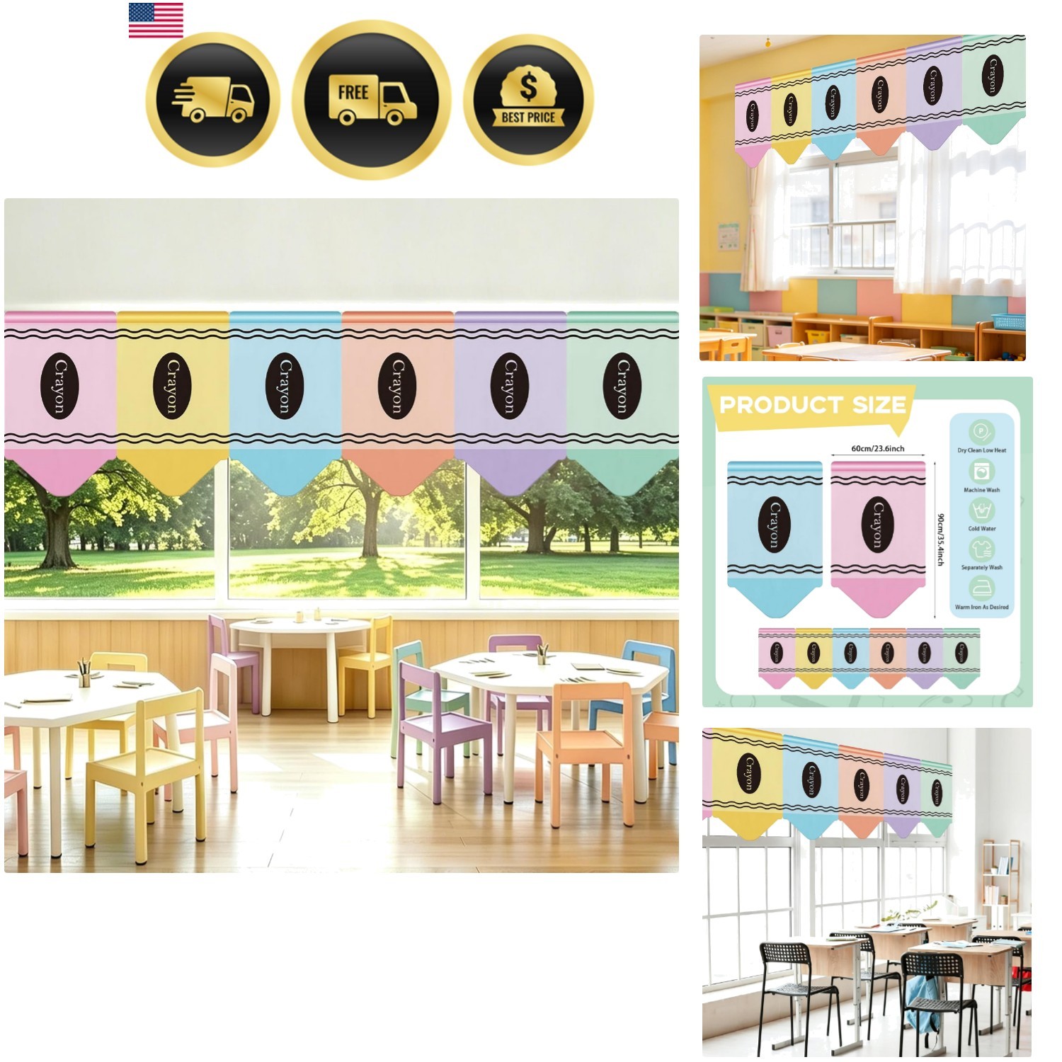 6 Pcs Back to School Classroom Curtains – Rainbow Colorful Crayon Shaped Wind…