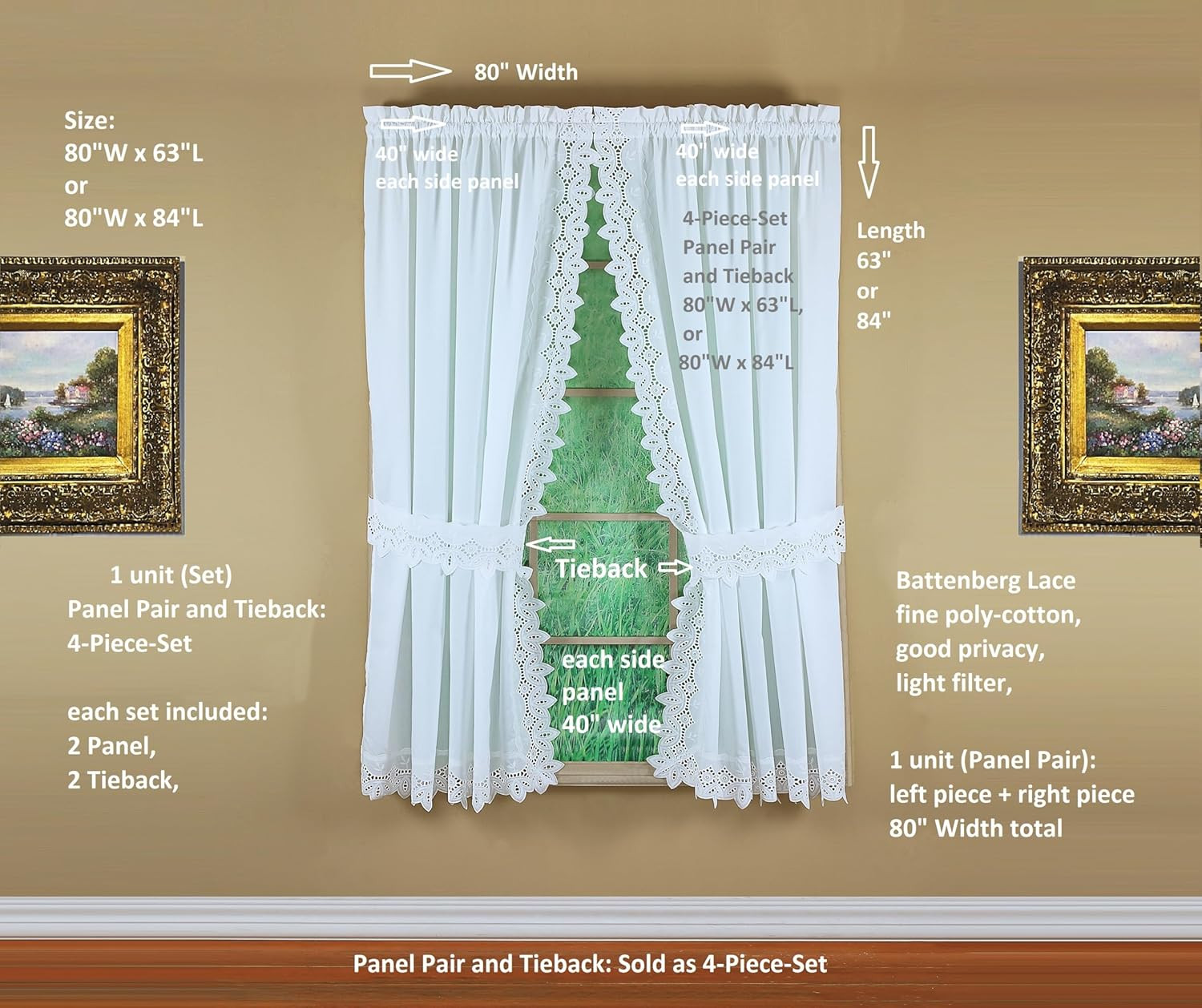 Heirloom Battenberg Eyelet Curtain Panel Pair, 84″ White, 4-Piece Set