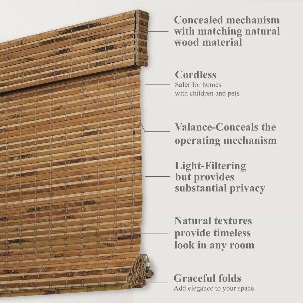 Natural Woven Light Filtering Cordless Bamboo Roman Shades for Windows, 72 In. W