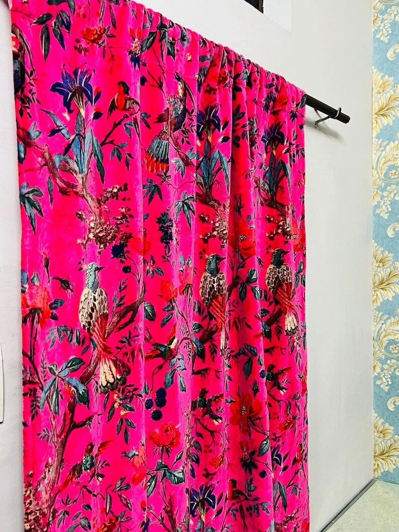 Vintage Cotton Velvet Hot Pink Bird Print Luxury Curtain, Boho Curtain Drapes