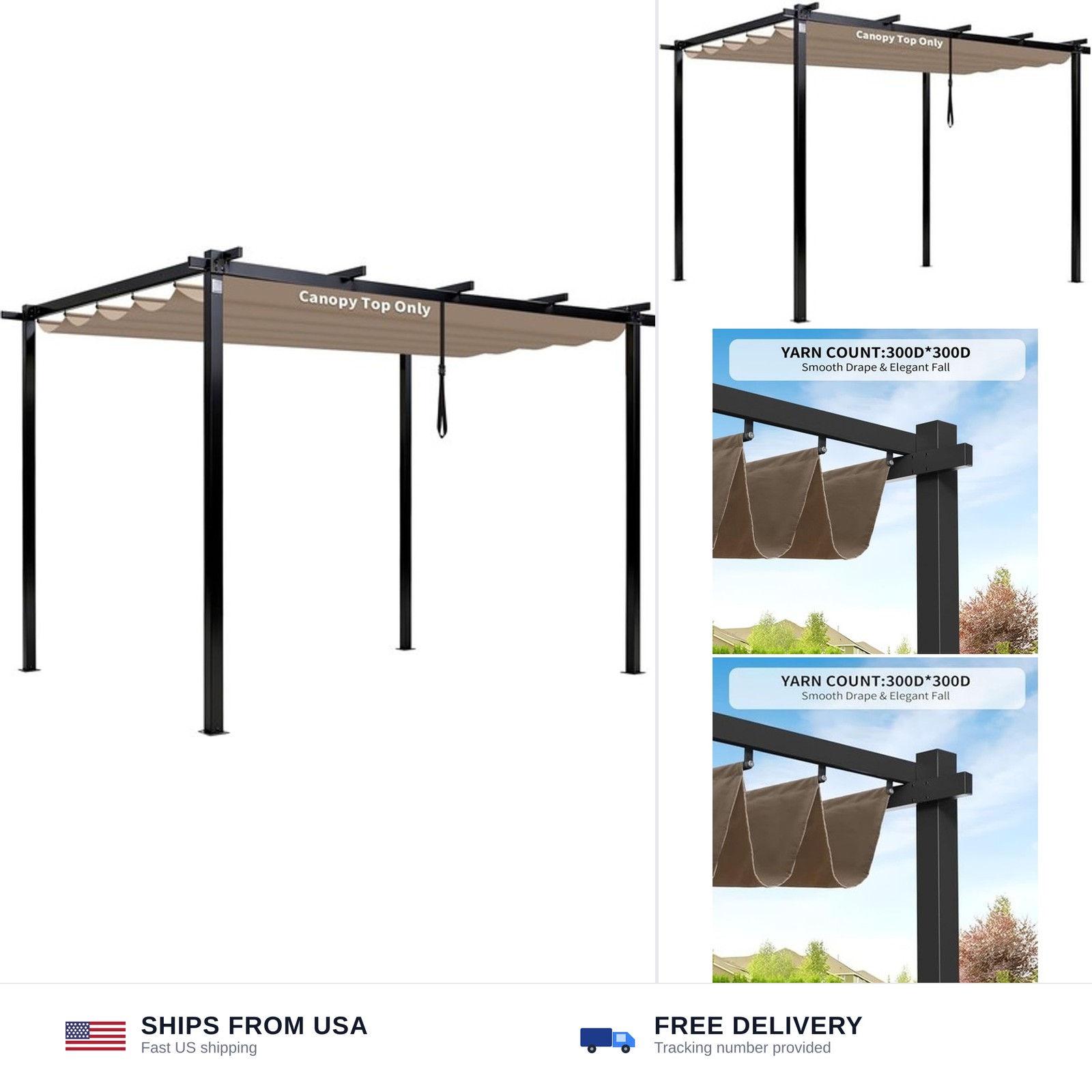 10′ X 10′ Pergola Shade Cover for Outdoor Retractable Durable Fabric Canopy R…