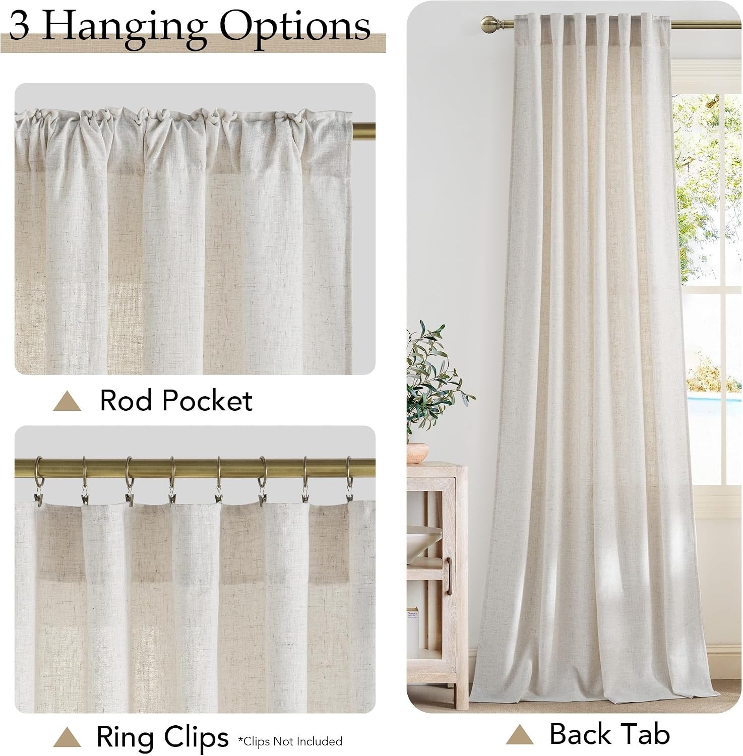 Linen Curtains 108 inch Long 2 Panels Set for Living Room/Bedroom, 55″ Wide