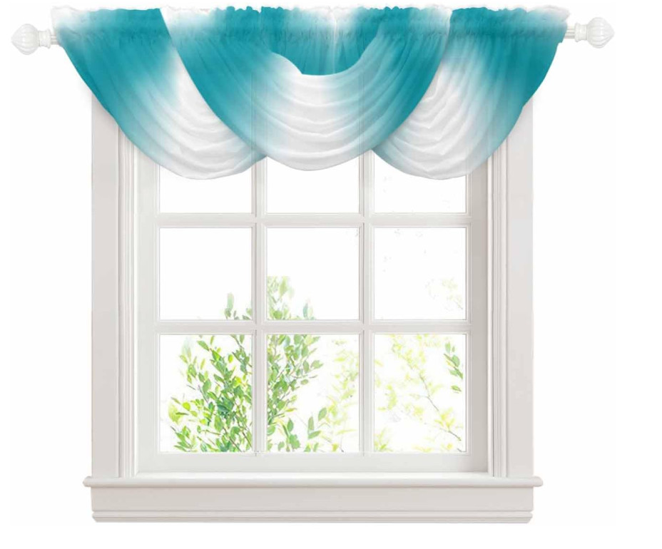 Turquoise Waterfall Sheer Valance Curtains Ombre Window Drapery 3Panels 98×120cm