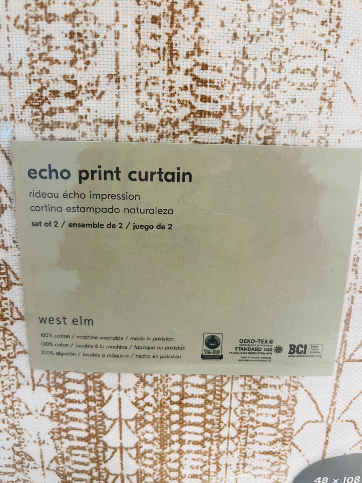 Brand New West Elm Set of 2 100% Cotton Echo Print 48x108in. Hidden Tab Curtains