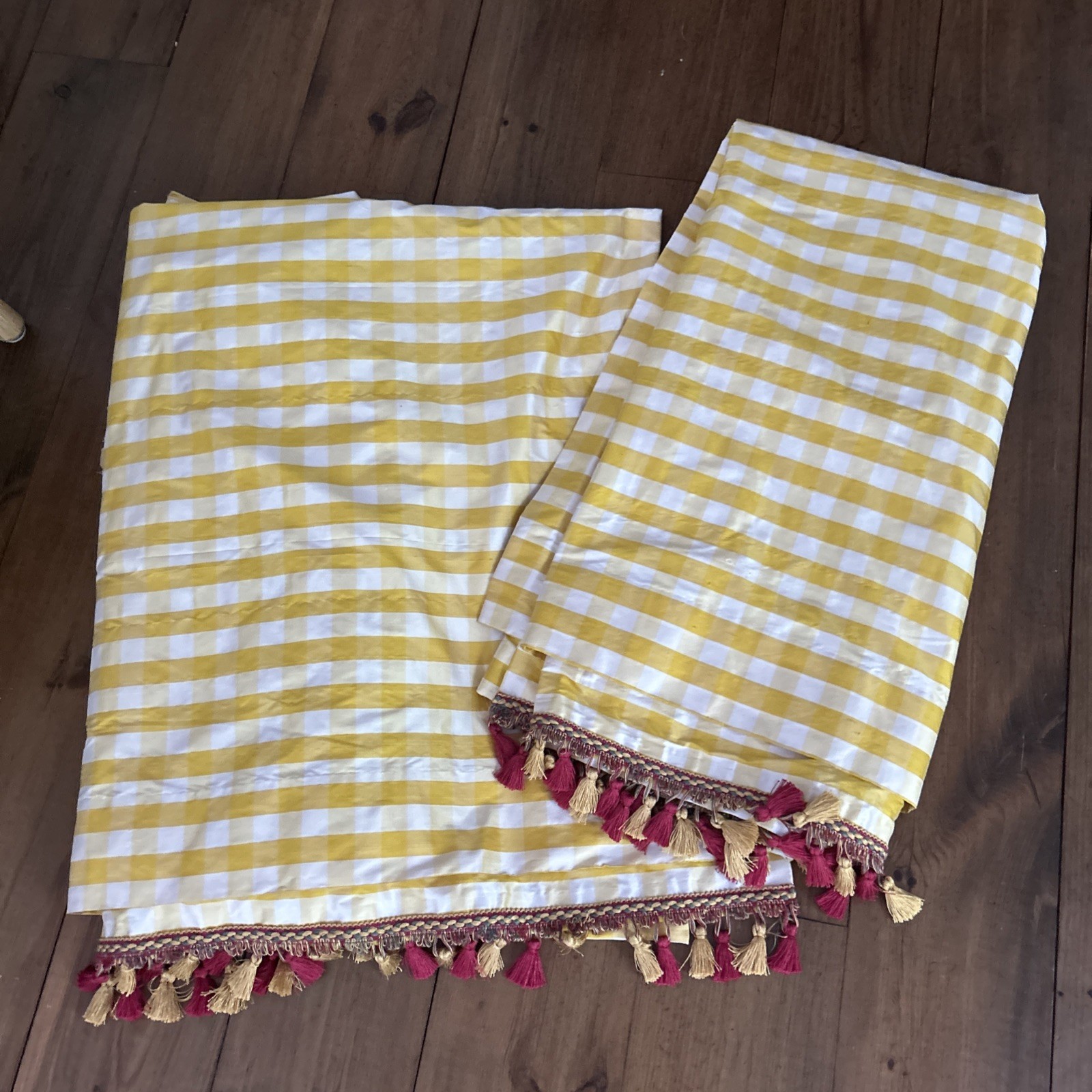 Pair Decorator Custom Made Striped Check Silk Taffeta Tassel Trim Lined