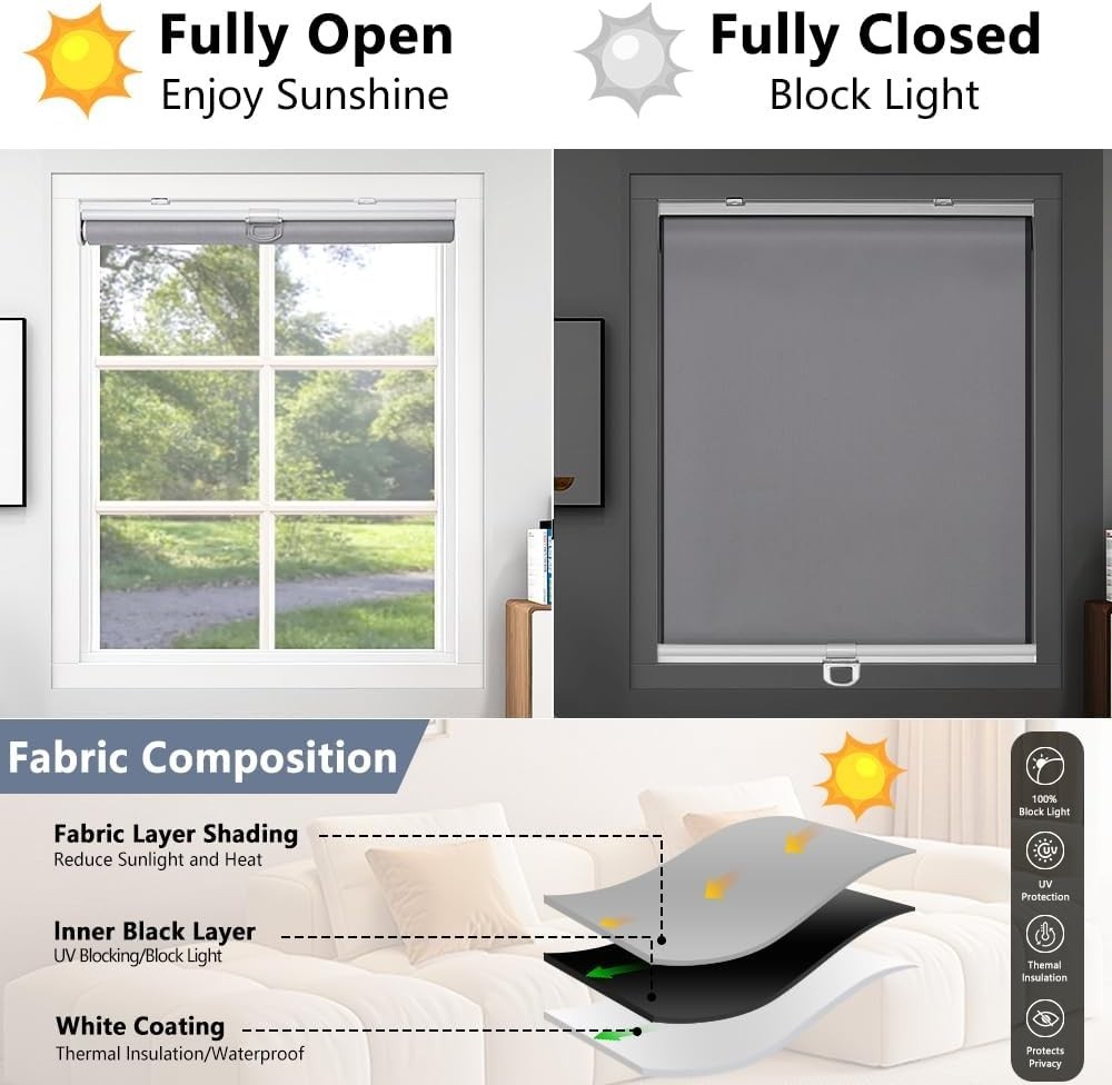 SHADEMOON Cordless Blackout Window Roller Shades (Grey, Width 60″, Height 72″)