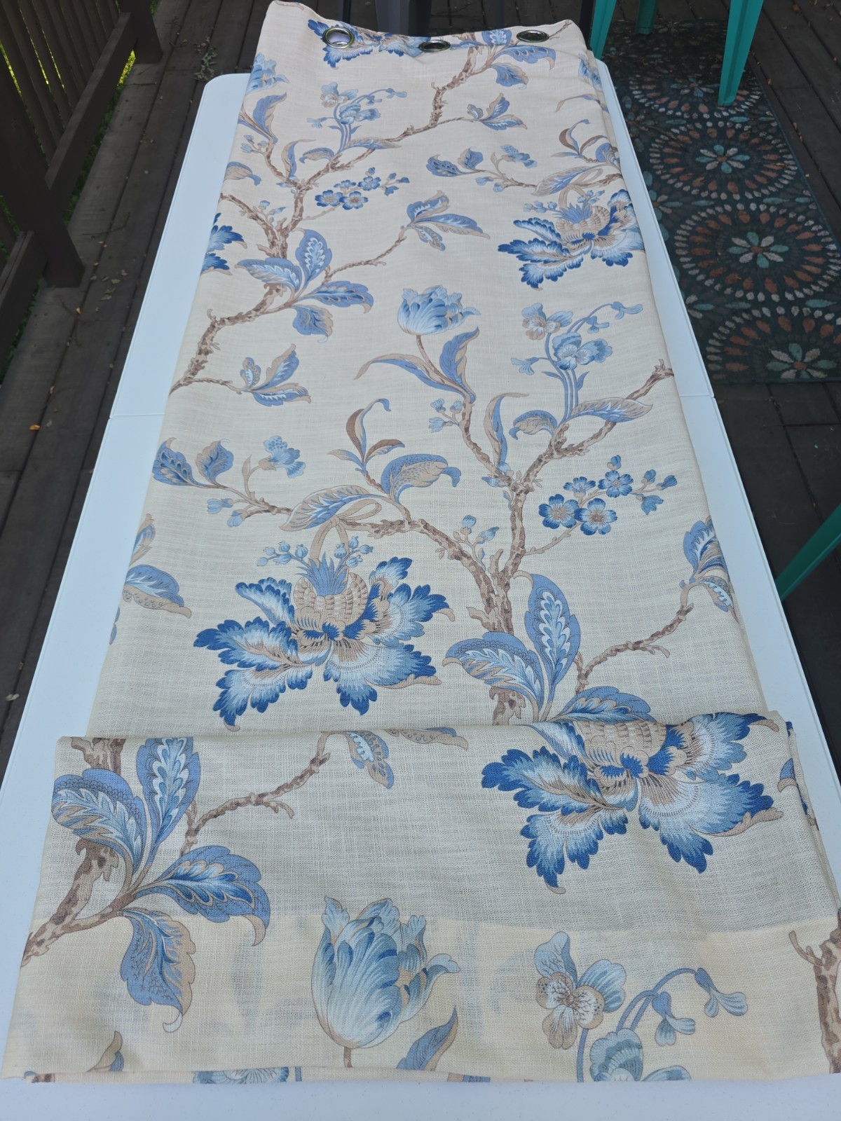 2 OOAK Heavy CUSTOM Cream/Taupe/ Blues Jacobean Linen? Brown Satin? Lined Drapes