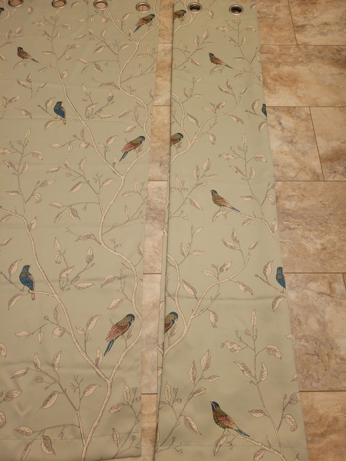 Light Sage Green Grommet Style Curtain With Birds Blackout 2 Panels 63 X 52