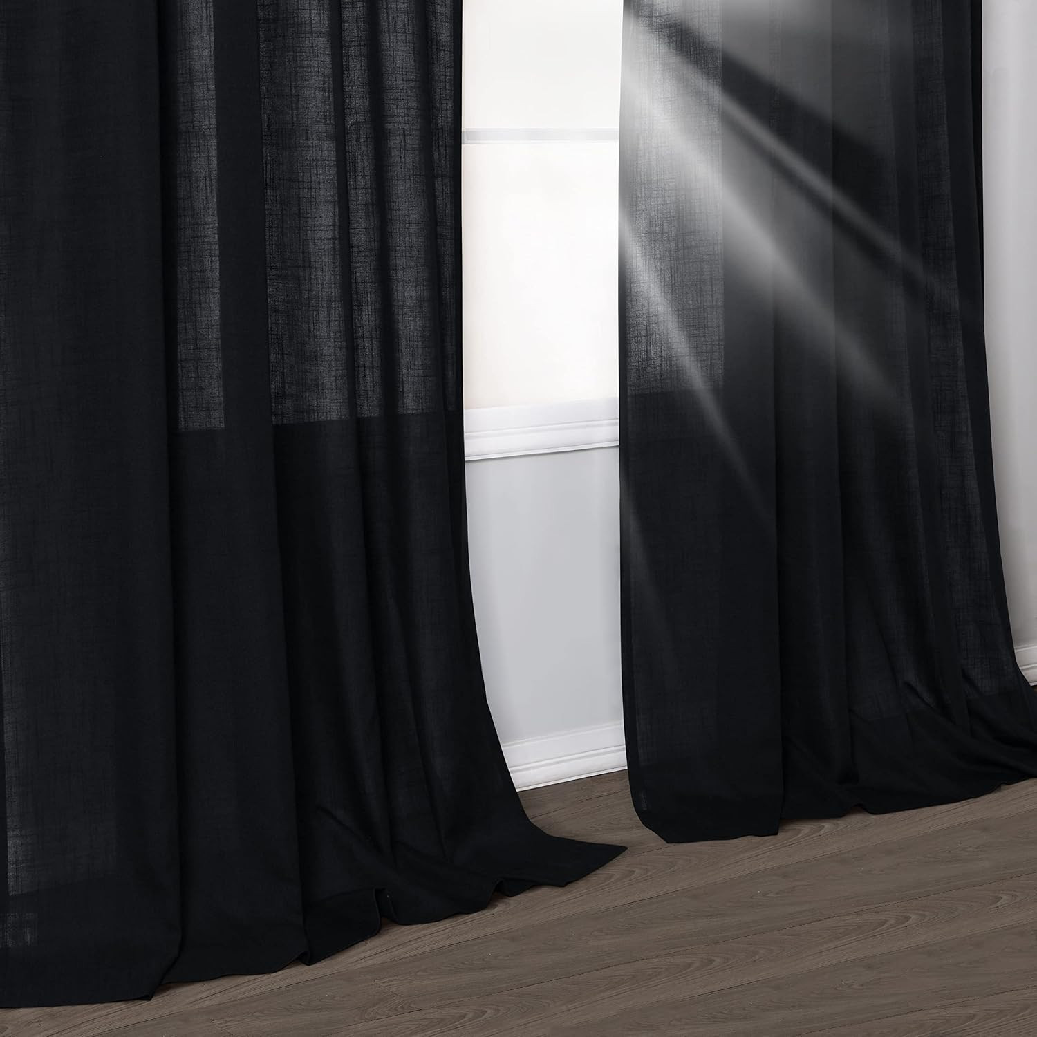 Black Linen Curtains 72 Inch Length for Living Room Bedroom 2 Panels Set Rod Poc