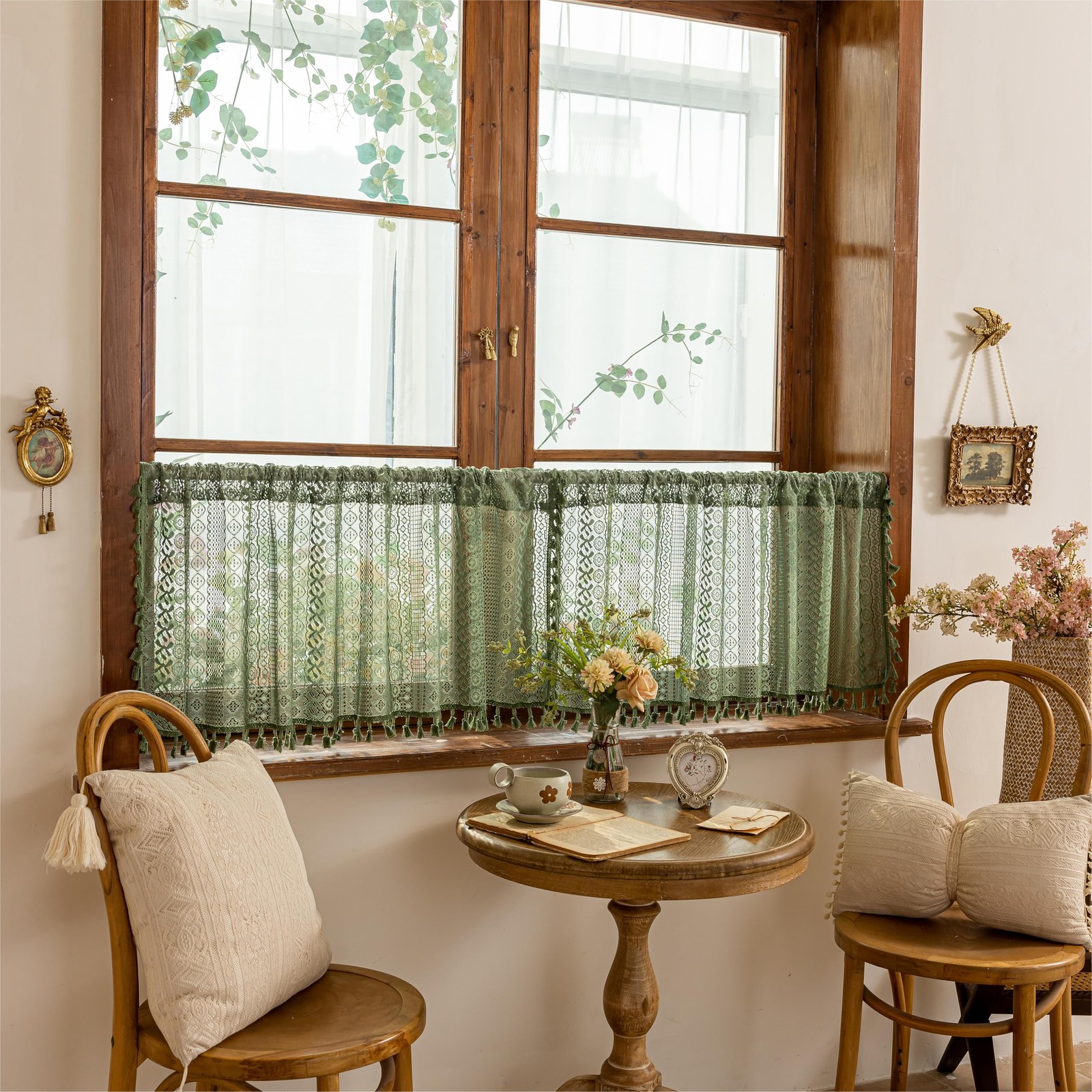 Olive Green Boho Window Curtains Valance 18 inches Long 2 Panels, Farmhouse L…