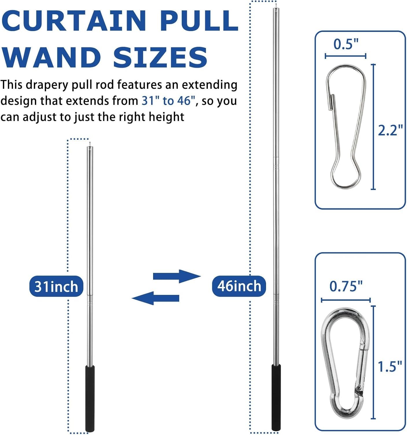 Curtain Pull Wand Drapery Rod 2 Pack Adjustable Stainless Steel Silver