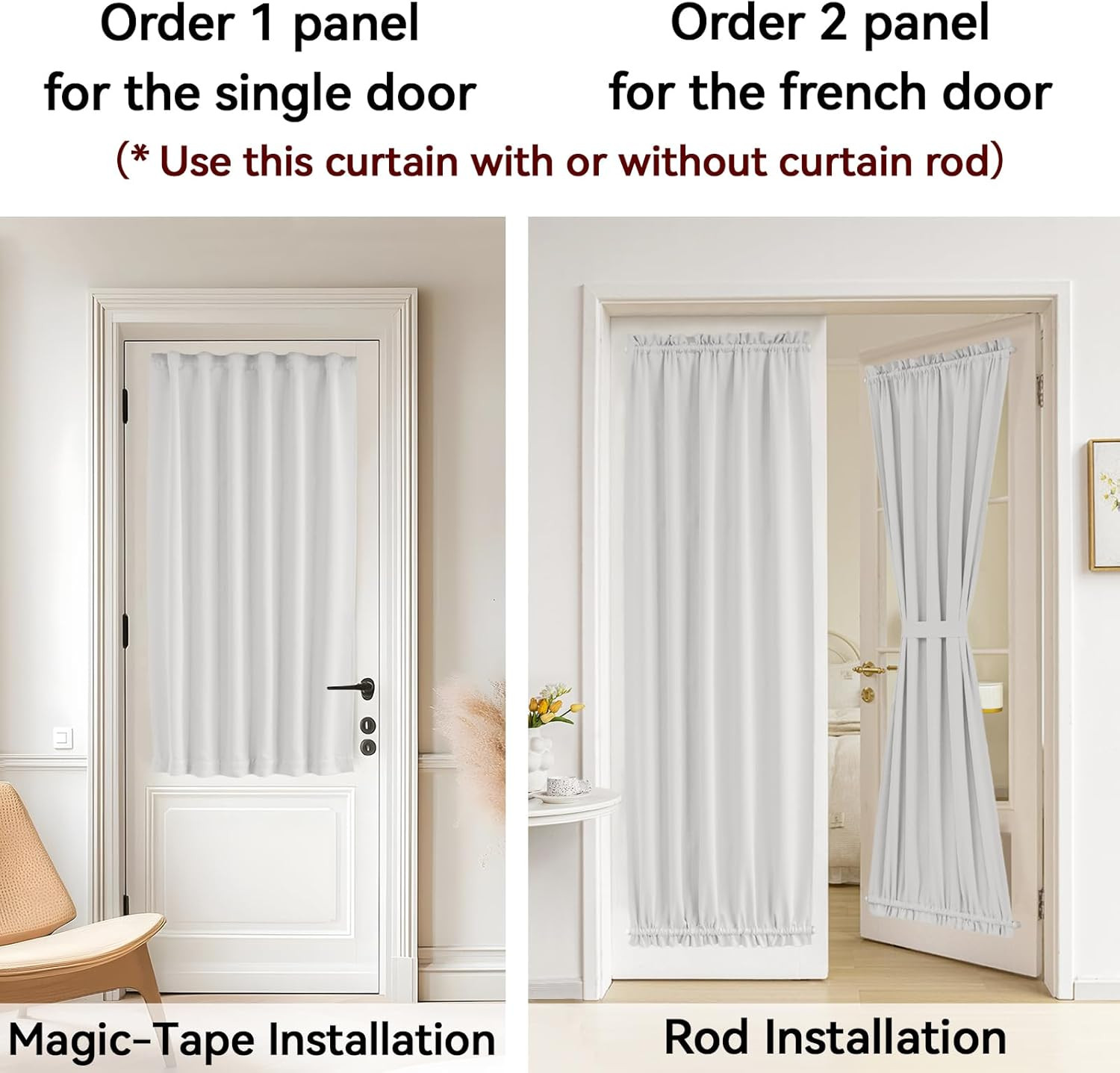 Rodless Self-Adhesive French Door Curtain, Light Filtering, 25×72, Greyish White
