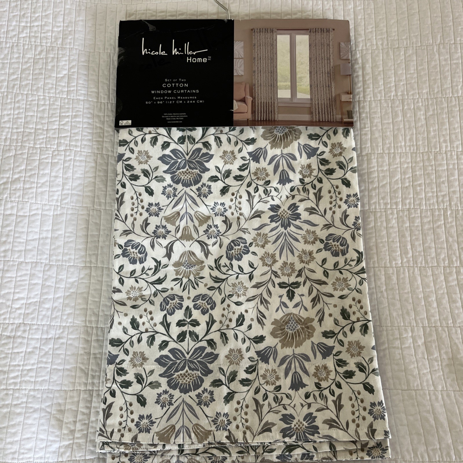 2 Nicole Miller Floral Jacobean Cotton Back Tab Window Panels – New – 50 x 96”