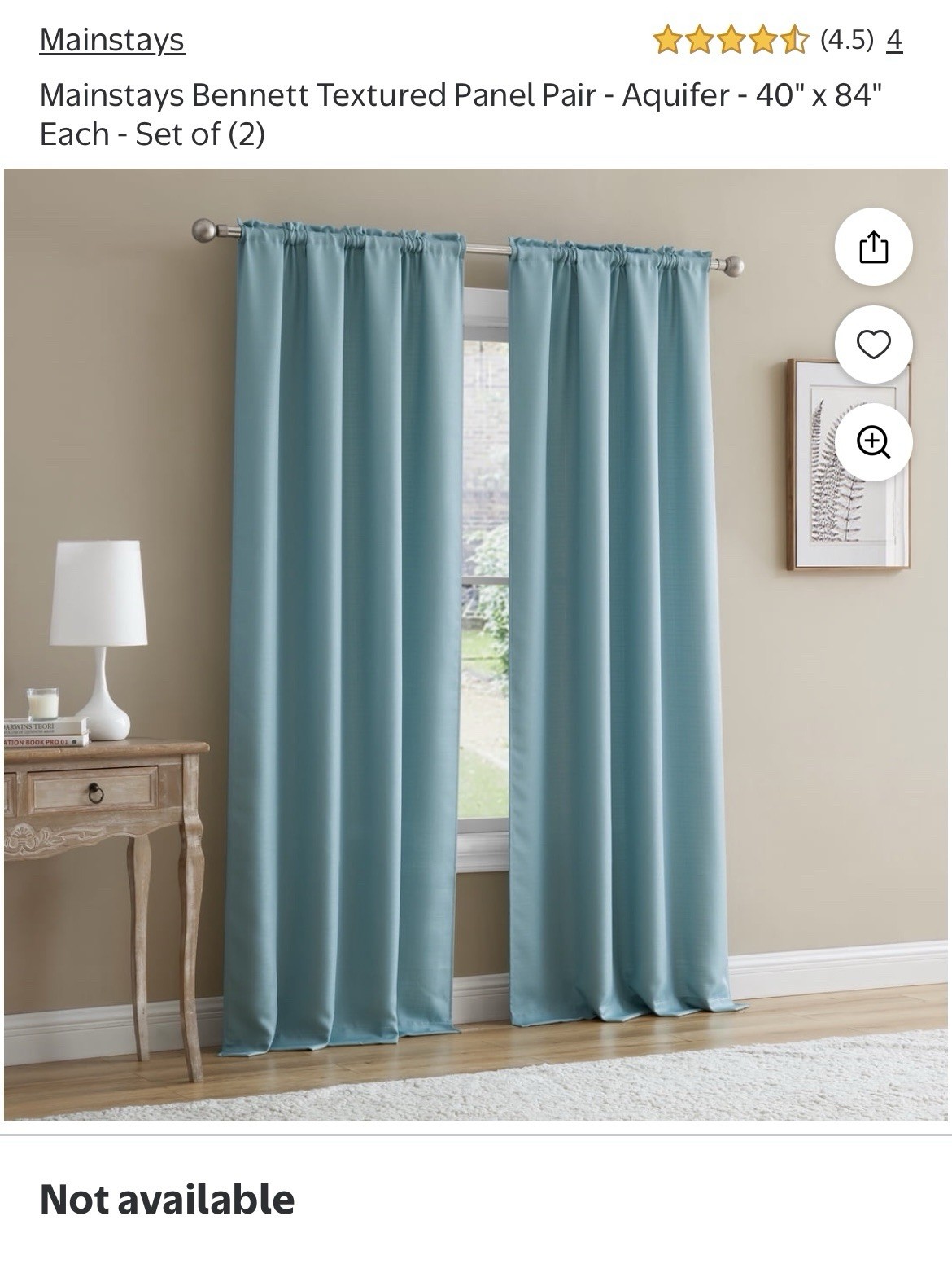 Mainstays Bennett Light Filtering Curtain Panels | Aquifer Blue | 40” x 84”