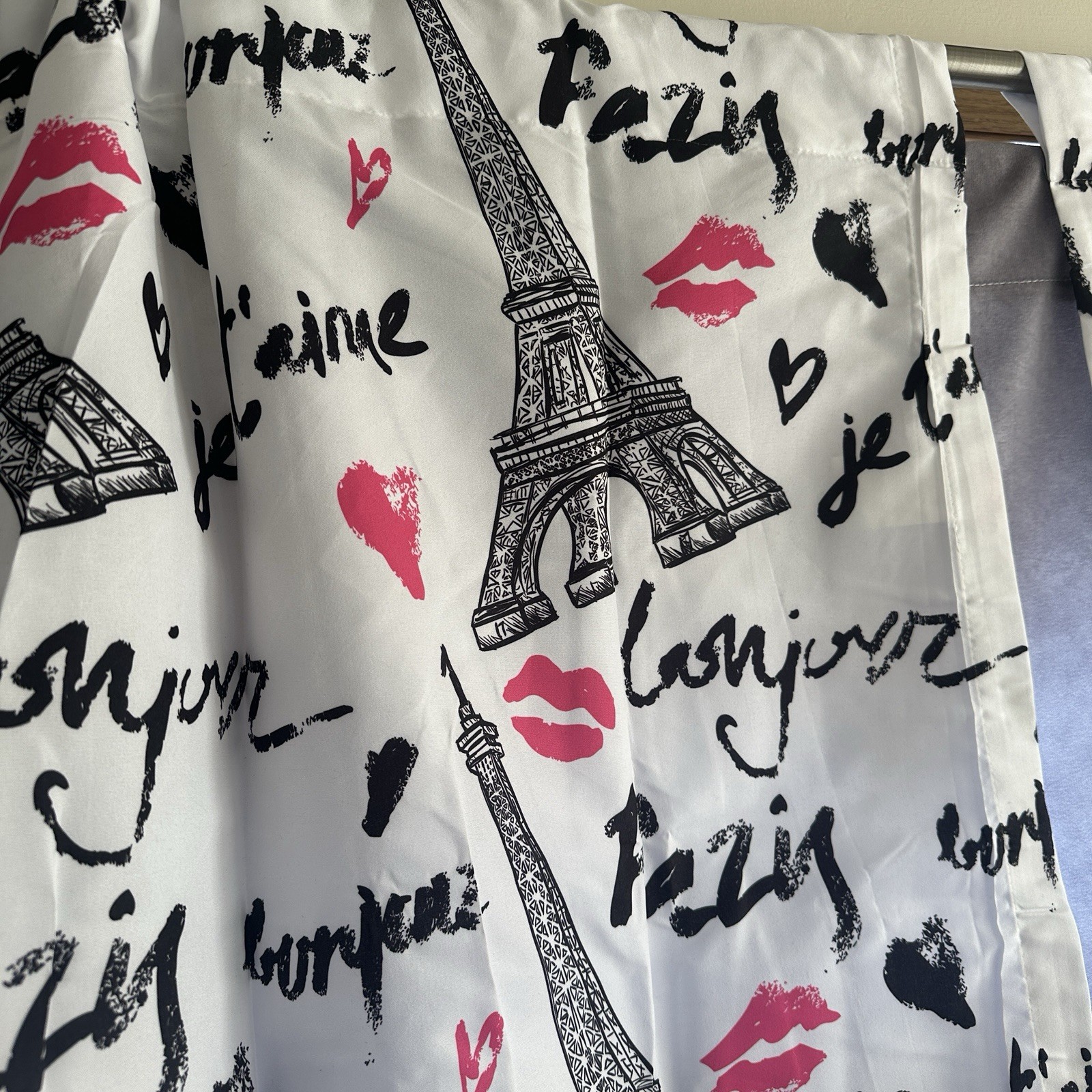 Paris Eiffel Tower Curtain Panels Set of 2 White Black Pink 28×84 Semi-Sheer NEW