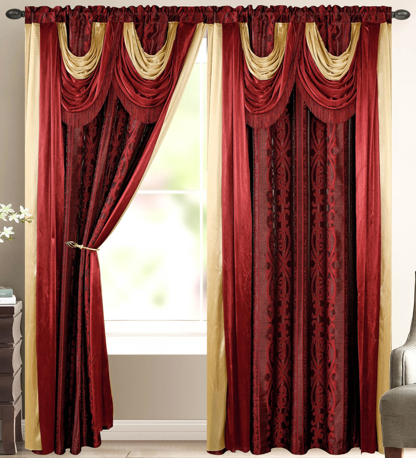 Elena Luxury Jacquard Curtain Panel with Attached Waterfall Valance & Scarf 54 w