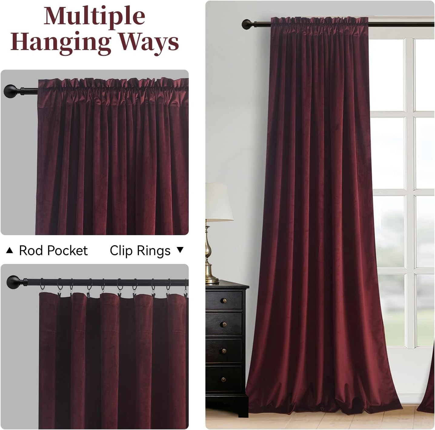 Velvet Ruby Wine Curtain 108 inch Long – Curtains Block Light Rod Pocket Thermal