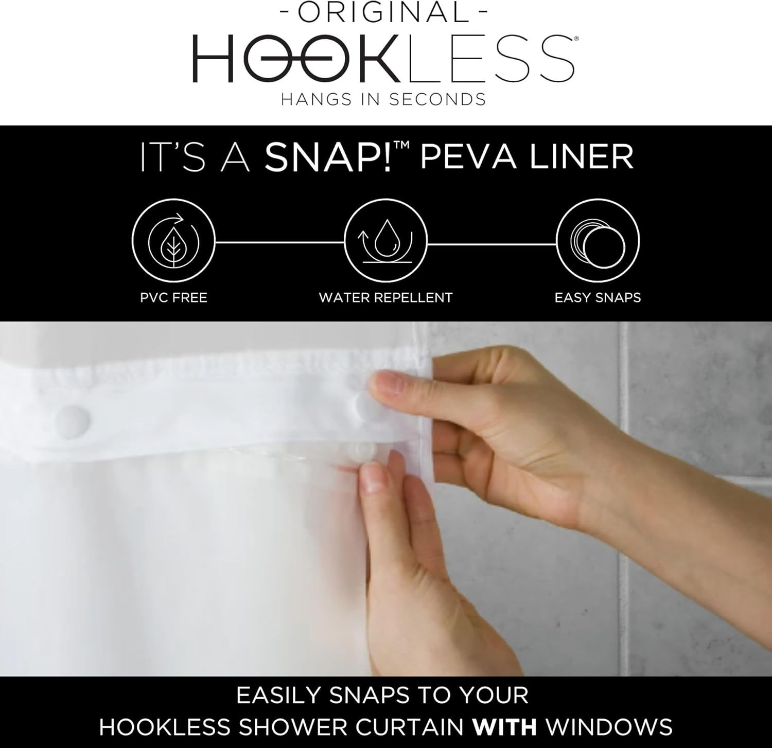Hookless Snap-In Shower Curtain Liner White 70″x54″ Water Repellent Easy Install