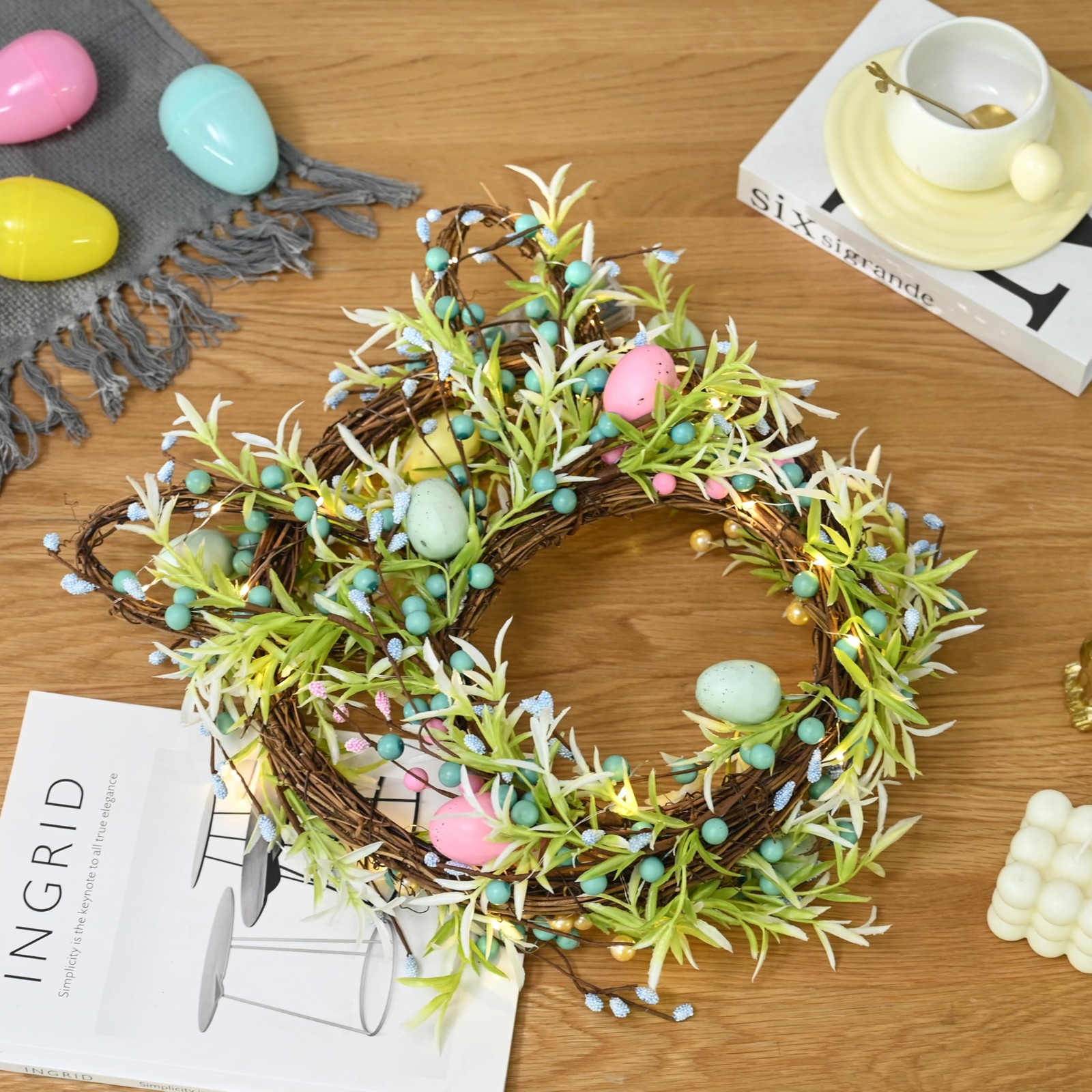 [Timer] Easter Bunny Wreath for Front Door, Lighted Easter Wreaths with 30 LED W