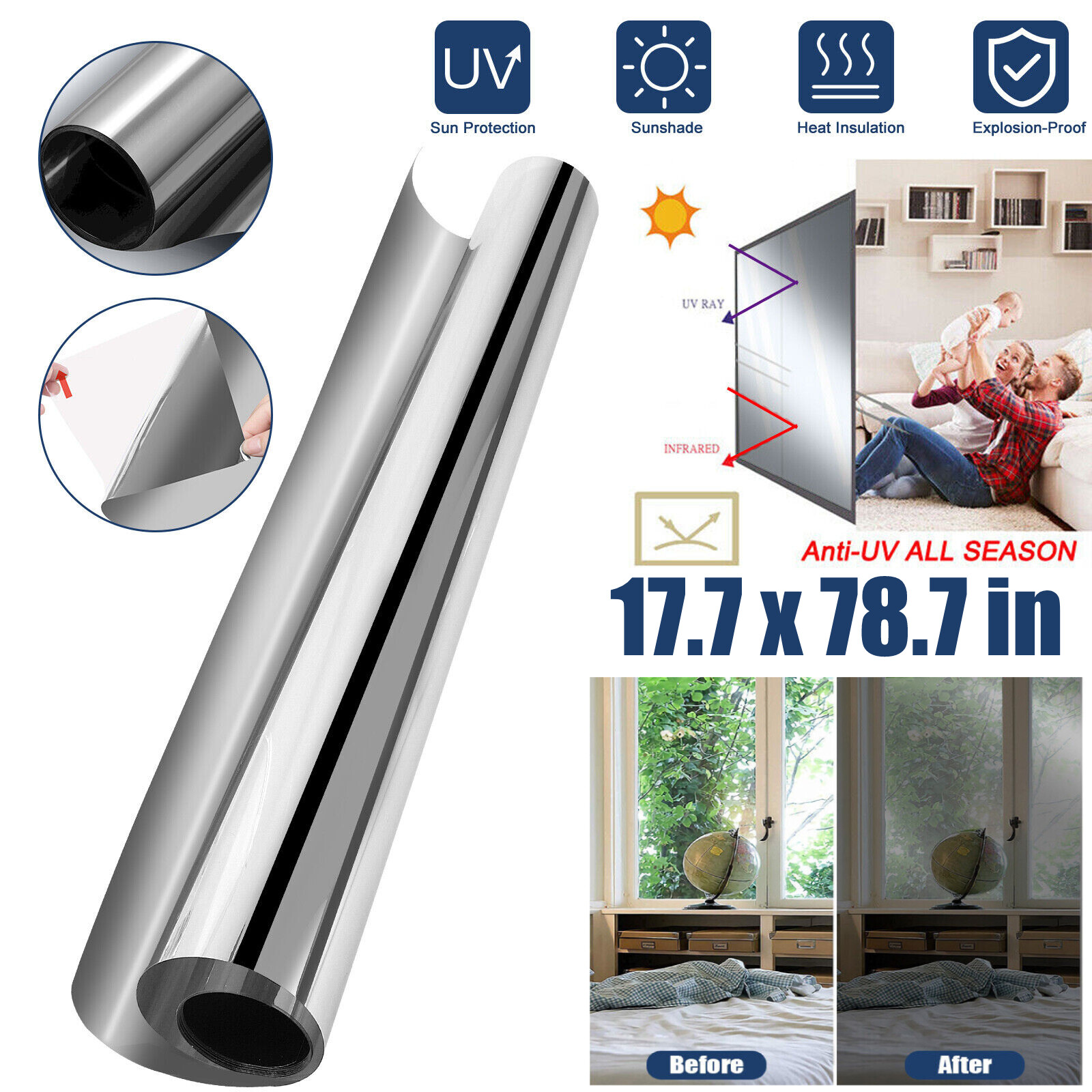 One-Way Mirror Window Film Heat UV Reflective Privacy Tint Foil for Home Office