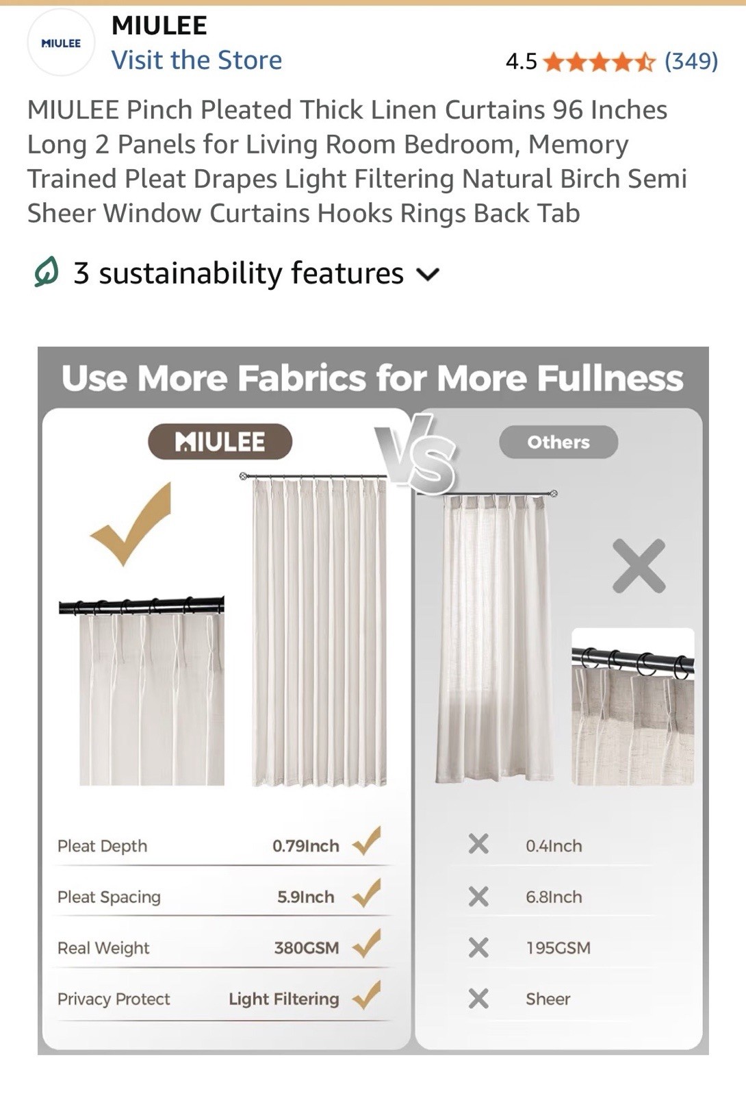 Miulee Pinch Pleated Curtain 96 Long Set Of 2 Brand New Linen Blend Easy Hang