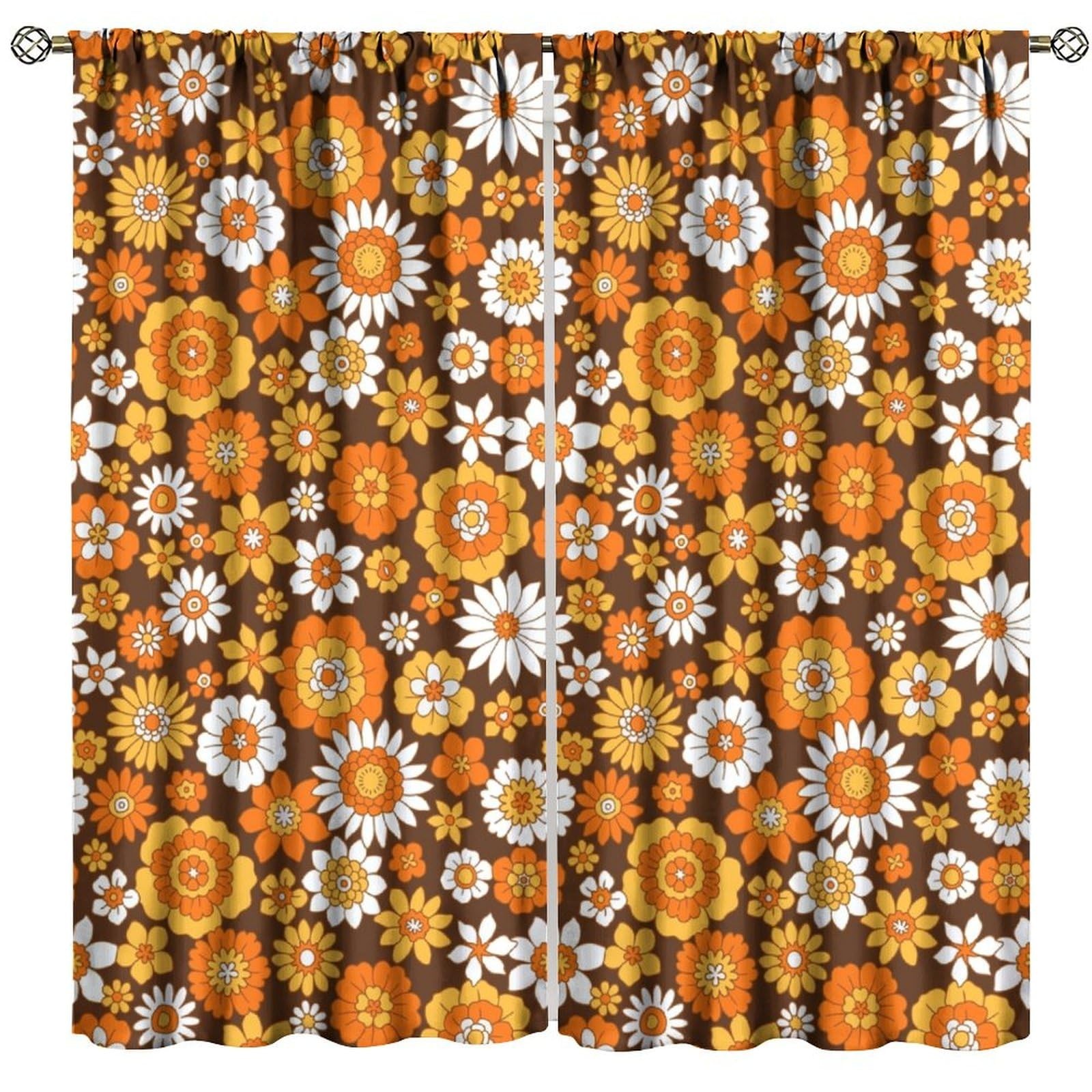 70s Groovy Curtains 1960s Hippie Floral White Orange Boho Modern Art Window D…