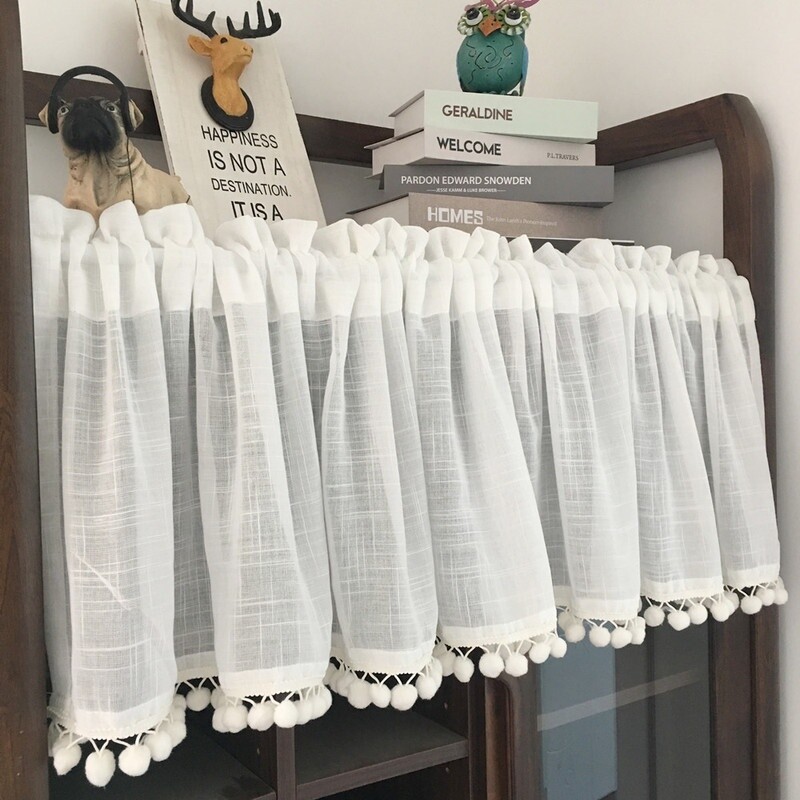 Ruffled Cafe Curtain Pompoms Balls Trim Home Kitchen Half Curtains Village