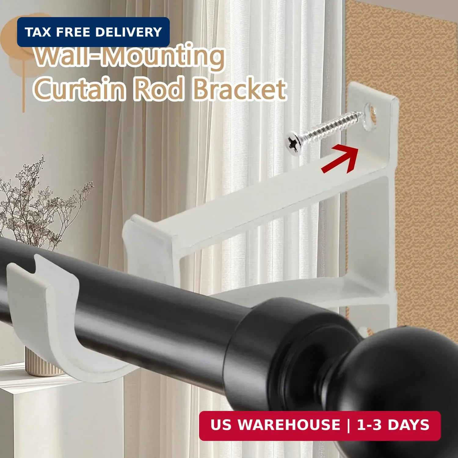 Curtain Rod Brackets for Wall, 4 Pack, White Curtain Rod Holders | for 1 Inch Dr