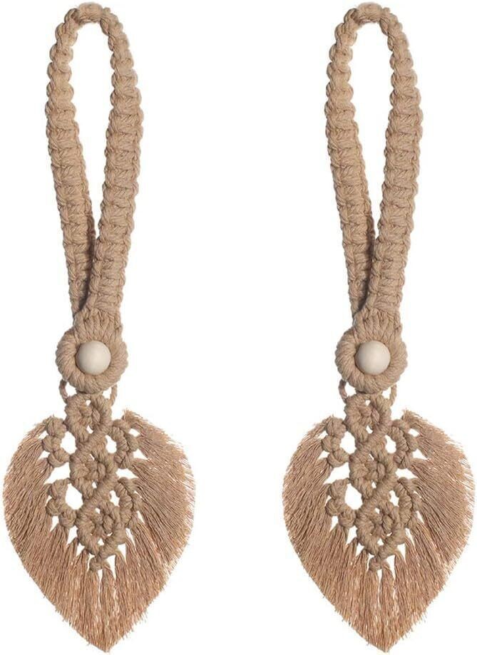 2Pcs Macrame Hand Woven Leaf Tassel Curtain Tie Backs Rope Holdbacks Boho Decor
