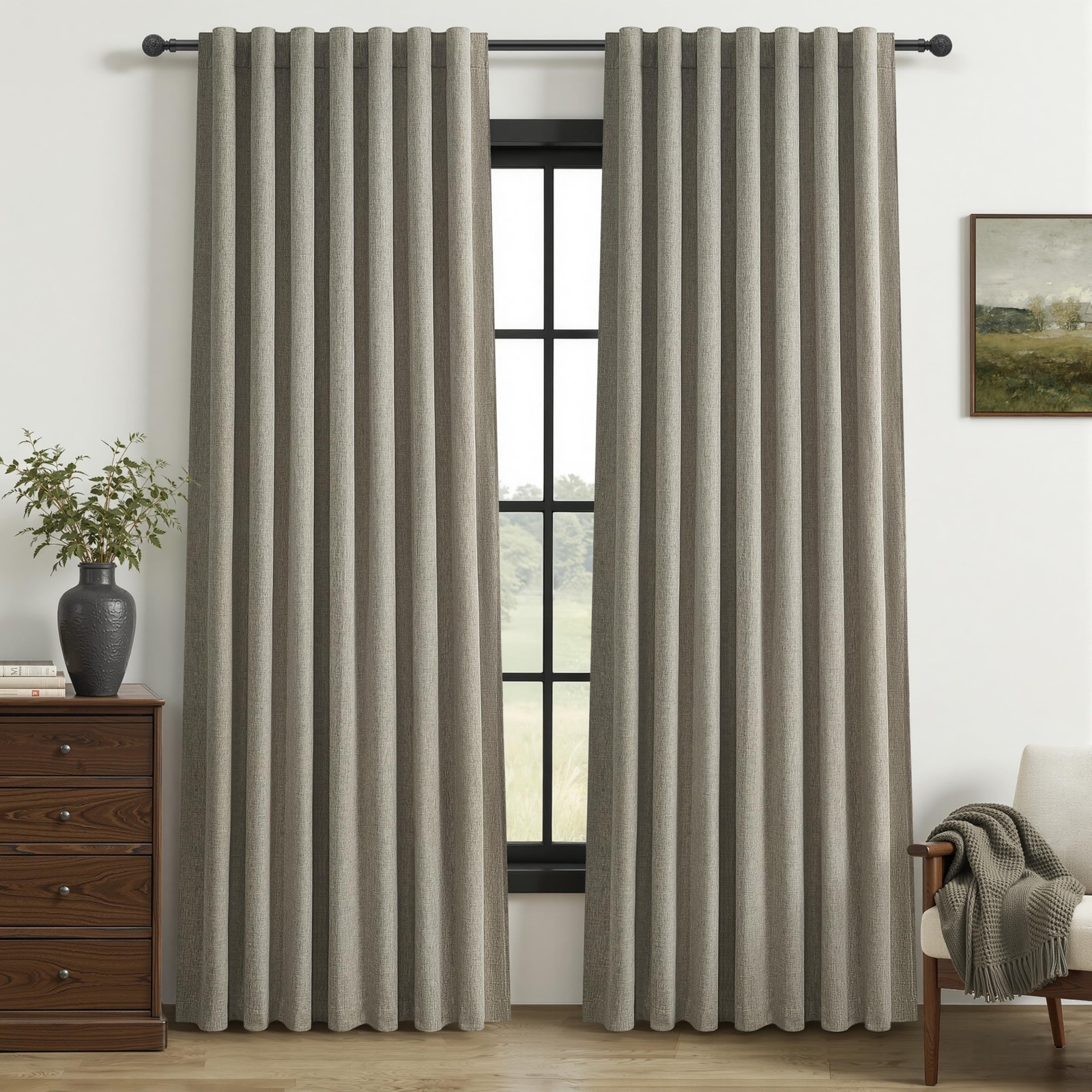 Grey Green Blackout Linen Curtains 90 Inches Long for Living Room/Bedroom, Pl…